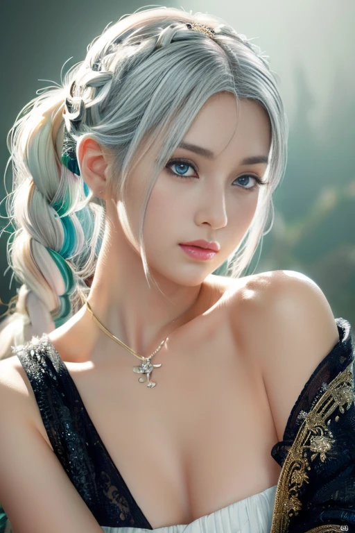 hatsuneMiku、(ultra Realistic), (An illustration), (Highres), (8K), (highlydetailed), (the best illustration), (Beautiful Detailed Eyes), (beste Quality), (Super Detailed), (Master peace、), (Wallpapers), (Detailed Face), solo、、、, 1人の女の子, Aristocratic dresses、White hair, Iris heterochromatic eyes, small moles under eye, medium chest, Long legs、Stunning composition、Foot braids、Beautiful and detailed legs