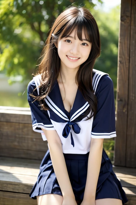 ​masterpiece、top-quality、ultra-detailliert、illustratio、inky、Beautiful fece詳細な顔、intricate-detail、hight resolution、Detailed light、独奏、sunlight、女の子1人、japanes、feminine、gentle face、Slimed、Small breasts、High school students、a sailor suit、summer clothing、ほんの少しはだけたa sailor suitの下にレースの下着、a short skirt、cleavage of the breast、kindly smile、knee sox、Beautiful fece、A dark-haired、blurry backround、Pretty face、tied hair