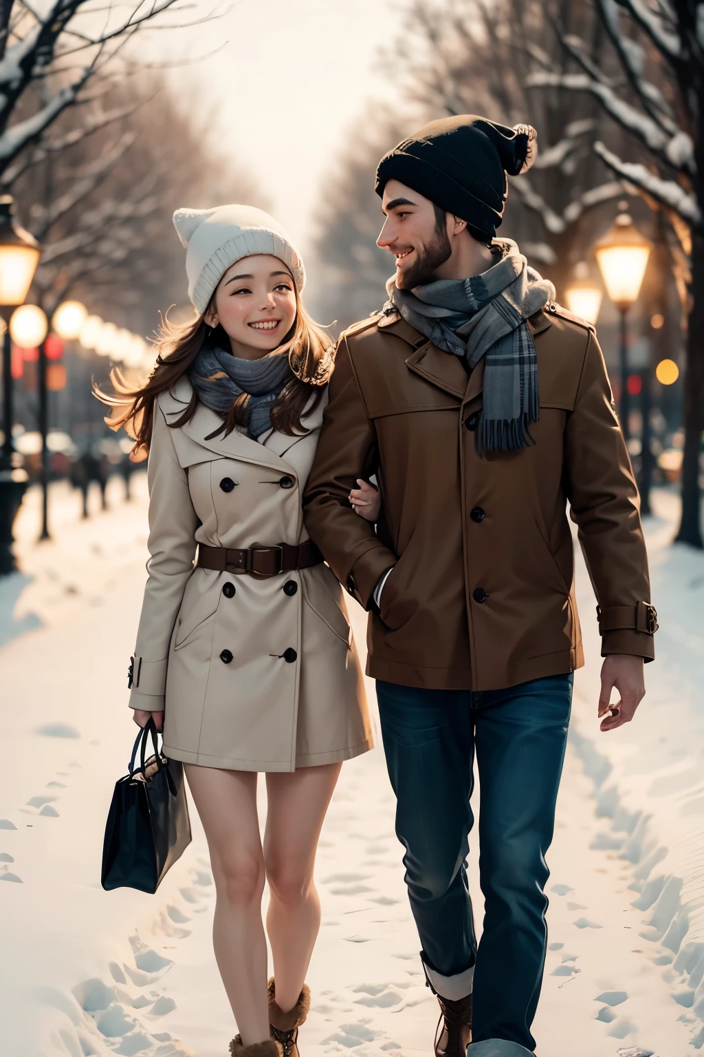 A blissful couple strolls hand in hand through a winter wonderland, the world around them blanketed in a pristine layer of snow. Twinkling Christmas lights adorn nearby trees, casting a warm and festive glow. The air is crisp with the scent of pine, and their breath creates tiny clouds in the chilly atmosphere. Bundled up in cozy scarves and hats, they share smiles that mirror the joyous spirit of the season, leaving behind a trail of footprints as they create memories in the enchanting snowscape. I want it to look like a real picture