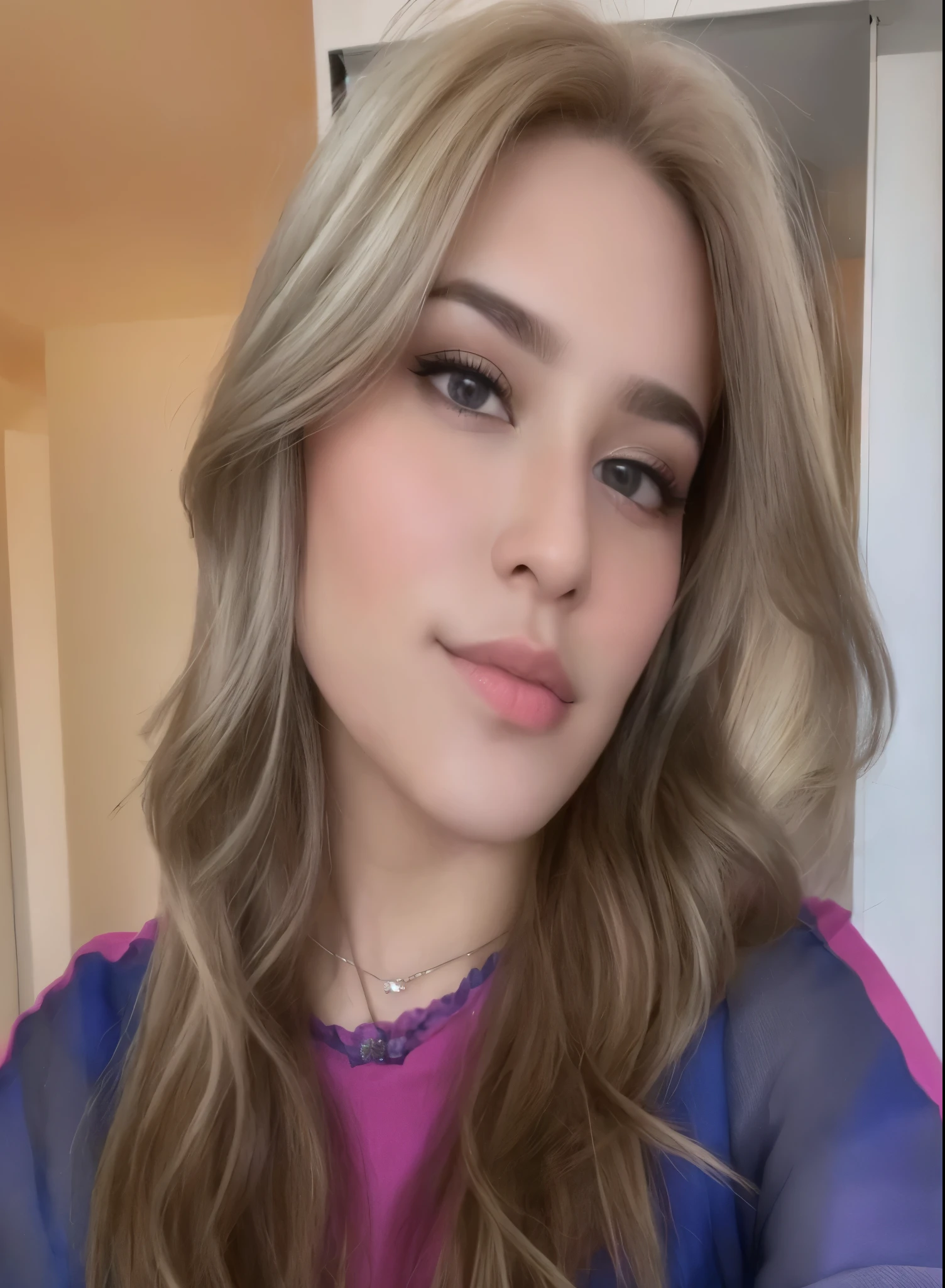 mulher com cabelo longo castanho e mechas loiras com olhos castanho claros vestindo uma blusa roxa com azul e preto, rosto sexy com maquiagem completa, com maquiagem profissional, olhar sensual, foto retrato suave.