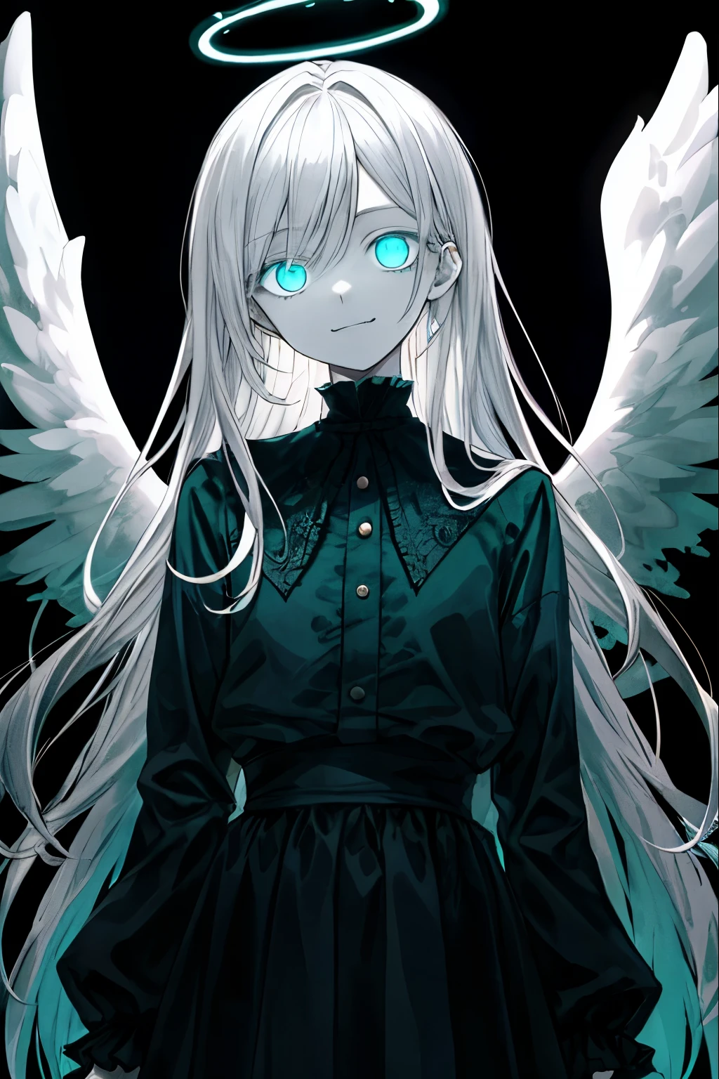 Best Quality、masutepiece、Ultra-detailed、face perfect、Extremely detailed、Extremely delicate、1 boy, (Scary), Angel, Gorgeolanche&#39;The halo), Dark, Glowing eyes, Light blue eyes, Angel wings,  holy, , blancheのチュニック, two ふしだらなblanche angel wings, which are full of confidence, Smile, Keep your mouth shut、Expressive eyes, collofull eyes, Contrasty, shadowy, masutepiece, Digital Art, Glowing eyes, Intimidating, corrupted, Demonic, Abstract background, blanche, black and aqua colors、両手にblancheく輝く星を浮かばせる、fear
