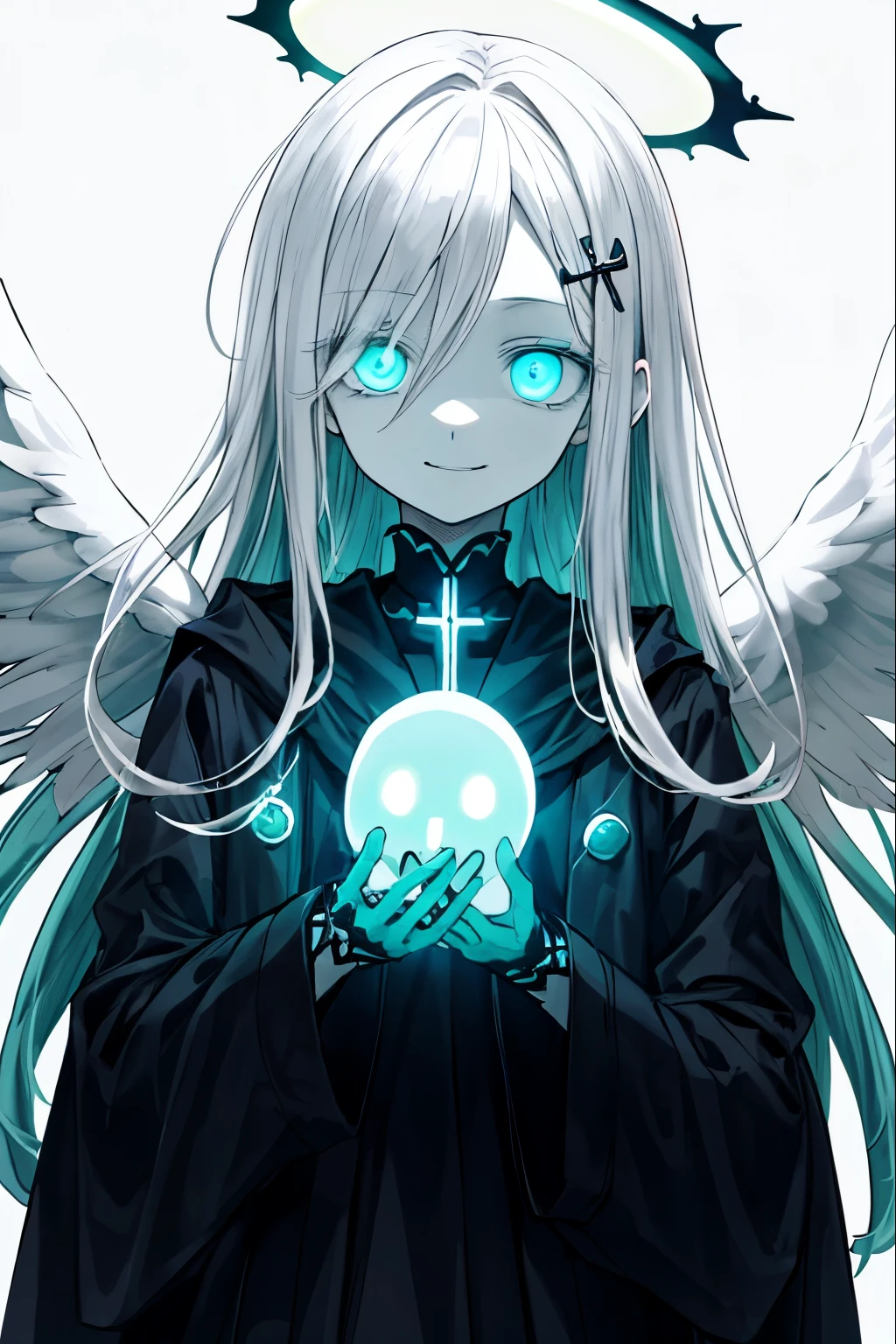 Best Quality、masutepiece、Ultra-detailed、face perfect、Extremely detailed、Extremely delicate、1 boy, (Scary), Angel, Gorgeolanche'The halo), Dark, Glowing eyes, Light blue eyes, Angel wings, holy, , blancheのチュニック, two ふしだらなblanche angel wings, which are full of confidence, Smile, Keep your mouth shut、Expressive eyes, collofull eyes, Contrasty, shadowy, masutepiece, Digital Art, Glowing eyes, Intimidating, corrupted, Demonic, Abstract background, blanche, black and aqua colors、両手にblancheく輝く星を浮かばせる、fear
