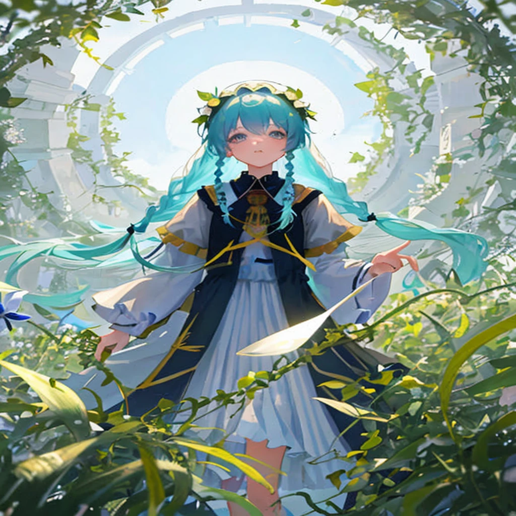 Anime girl with blue hair and blue dress in the forest, Trending on ArtStation pixiv, guweiz on pixiv artstation, digital art on pixiv, Pixiv Contest Winner, Anime girl with teal hair, VOCALOID, guweiz on artstation pixiv, Mikudayo, she is the center of the garden, anime fantasy illustration