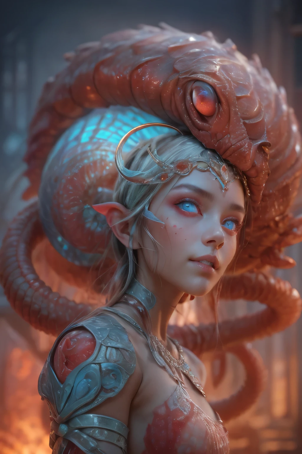 Portrait, (beautiful female alien:1.2), (There is a female genital-like organ in the middle of the forehead:1.8), (The most beautiful face in the history of the universe:1.2), (scarlet eyes:1.6), (Translucent skin:1.8), an evil gaze that seduces , (red eyes:1.5), Full body like, (sexypose:1.5), alien, No humans, cells are fused, (Lots of translucent tentacles:1.1) (Translucent skin:1.3), extraterrestrial, cell, bio image, 魅惑的, Best Quality, 8K,4K_quality, High Definition, Dramatic Lighting, masutepiece:1.5,cinematic quality, detail up, (Intricate details:1.2), High resolution, High Definition, drawing faithfully, (Thick eyebrows:1.2), Beautiful eyes with fine symmetry, (Ultra detailed eyes:1.2),(Highly detailed face and eyes:1.2), (High-resolution red-eye:1.4), Intimate face, (Super detailed skin quality feeling:1.4), Perfect Anatomy, (Beautiful toned body:1.5), (Moist skin:1.2), No makeup, (dark circles:1.1), long canines, cinematic drawing of characters, ultra high quality model, cinematic quality, detail up, (Intricate details:1.2), High resolution, High Definition, drawing faithfully, Official art, Unity 8K wall , 8K Portrait, Best Quality, Very High resolution, ultra detailed artistic photography, midnight aura, unreal enginee 5, Ultra Sharp Focus, art by alberto seveso, ArtGerm, Roisch, intricate artwork, Medusa, best quality, masutepiece, ultra High resolution, (photos realistic:1.4), Ultra-realistic realism, dream-like, nautilus, Creation of fantasy, Snail, Dream Snail, biopunk nautilus, Thrilling color schemes, Ultra-realistic realism, seductively smiling, Blue tentacles