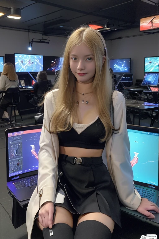 top-quality、Top image quality、masterpiece、girl with((Beautiful fece、20yr old、Best Bust、big bast、Bust 85,Red eyes to issue、Breasts wide open,Valley、Blonde long hair、A slender、Outerwear lab coat、Disheveled black Y-shirt、a black skirt、Black spats,Be at the forefront、sit a chair、Large valleys、A slight smil、Happiness)hiquality、Beautiful Art、Background with((Cyber Laboratories,Many flying drones、darkened room、Retro Laptops)),Depth((Numerous monitors、fish tank、Half-baked Android))masutepiece、Elaborate design、visualart、depth of fields、