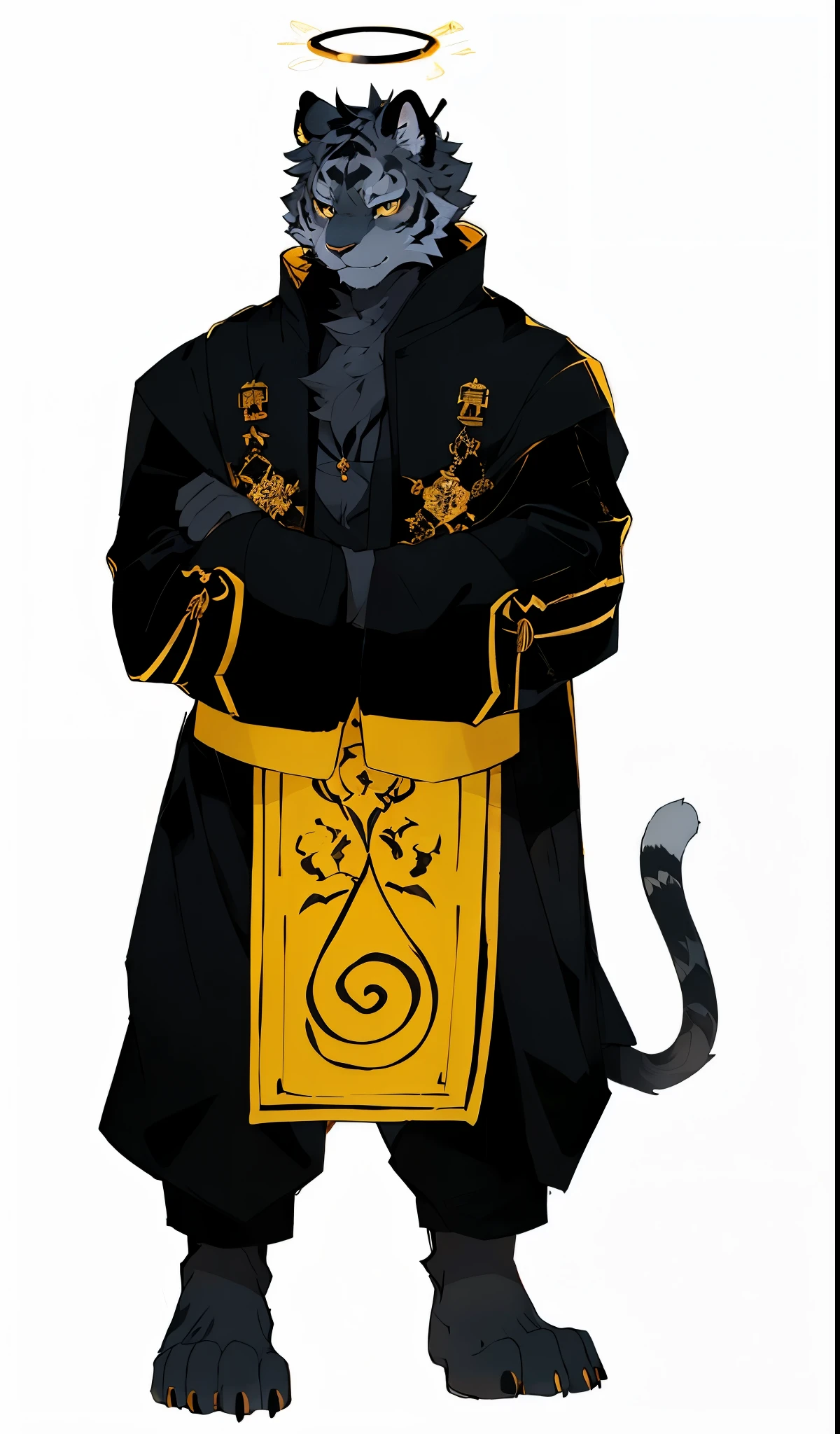 anthro black tiger,He has a black angelic halo over his head. His fur had golden lines on it that looked to be some sort of totem.in dark robes with gold accents.dark ornate royal robes, robes with goldencharacters,ornaterobes a black and male character,full bodyesbian,light gold and black style,new fantasy,Japanese pop art,Dark gray and black,Chinese calligraphy,Tiger tail,Tiger ears,Standing,short detailed hair,malefocus,full bodyesbian,longer sleeves,spot color,MaleA black and yellow male character, full body, light gold and black style, new fantasy, Japanese pop art, dark gray and black, Chinese calligraphy, tiger's tail, tiger's ears, standing, short hair, male focal point, full body, long sleeves, spot color, male,He has a black angelic halo over his head. His clothes had golden lines on it that looked to be some sort of totem.in dark robes with gold accents.dark ornate royal robes, robes with golden characters, ornate robes, furry