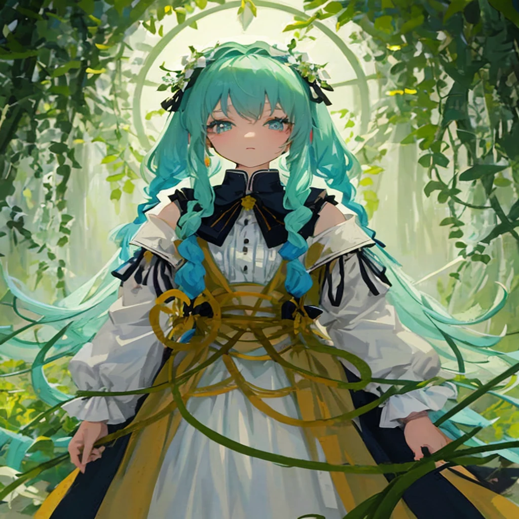 Anime girl with blue hair and green hair in the forest, Trending on ArtStation pixiv, a maid in a magical forest, digital art on pixiv, Pixiv Contest Winner, Anime girl with teal hair, Portrait of Hatsune Miku, guweiz on pixiv artstation, hatsune miku portrait, forest soul, Mikudayo