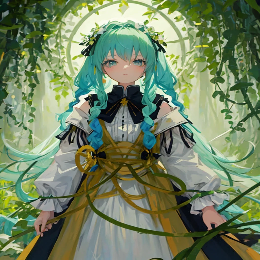 Anime girl with blue hair and green hair in the forest, Trending on ArtStation pixiv, a maid in a magical forest, digital art on pixiv, Pixiv Contest Winner, Anime girl with teal hair, Portrait of Hatsune Miku, guweiz on pixiv artstation, hatsune miku portrait, forest soul, Mikudayo