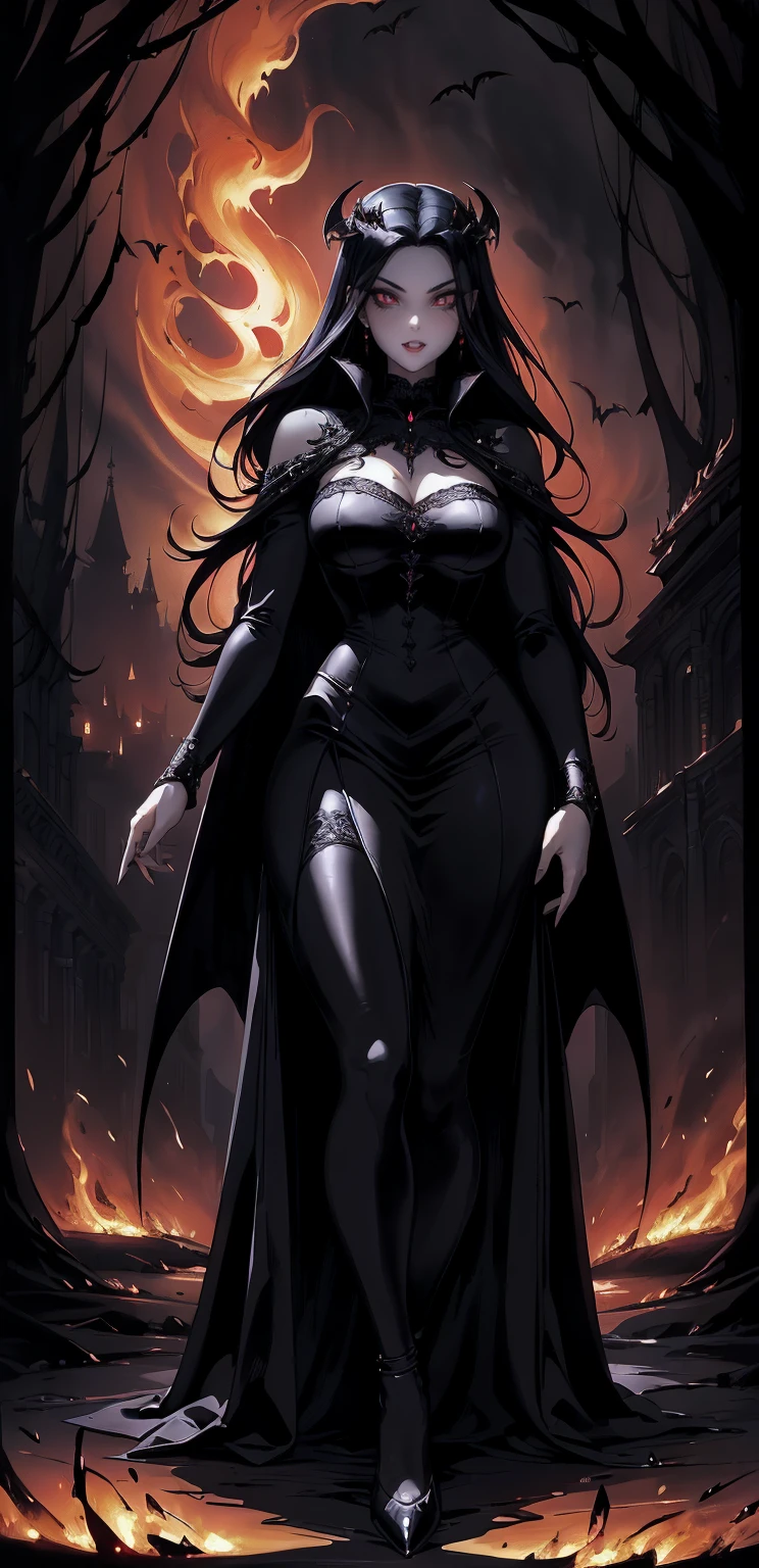 absurdres, ((stunning female Vampire))), goth Renaissance, (long black hair:1.erfect and detailed angular sharp oval shaped face, ((redeyes)), jewelry, red and black tetradic colors, full lips, gothic castle background, (solo), perfect anatomy, approaching perfection, ethereal, intricate details, ultra-high definition, 12k resolution, goth aesthetic, smooth, sharp focus, dreamy, glowing, backlit, glamour, glimmer, fantastical, shadows, smooth, Gothic crown, walking through flames of fire, (whole body) full body , gothic illustration