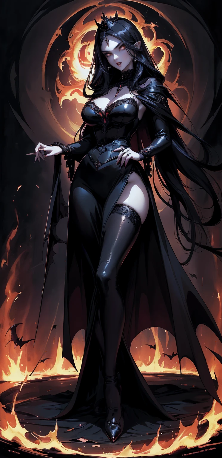 absurdres, ((stunning female Vampire))), goth Renaissance, (long black hair:1.erfect and detailed angular sharp oval shaped face, ((redeyes)), jewelry, red and black tetradic colors, full lips, gothic castle background, (solo), perfect anatomy, approaching perfection, ethereal, intricate details, ultra-high definition, 12k resolution, goth aesthetic, smooth, sharp focus, dreamy, glowing, backlit, glamour, glimmer, fantastical, shadows, smooth, Gothic crown, walking through flames of fire, (whole body) full body , gothic illustration