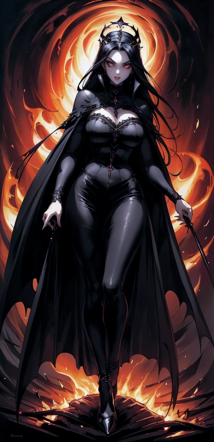 absurdres, ((stunning female Vampire))), goth Renaissance, (long black hair:1.erfect and detailed angular sharp oval shaped face, ((redeyes)), jewelry, red and black tetradic colors, full lips, gothic castle background, (solo), perfect anatomy, approaching perfection, ethereal, intricate details, ultra-high definition, 12k resolution, goth aesthetic, smooth, sharp focus, dreamy, glowing, backlit, glamour, glimmer, fantastical, shadows, smooth, Gothic crown, walking through flames of fire, (whole body) full body , gothic illustration
