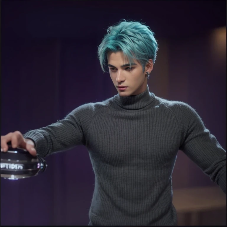 arafed male in a gray sweater and blue hair reality