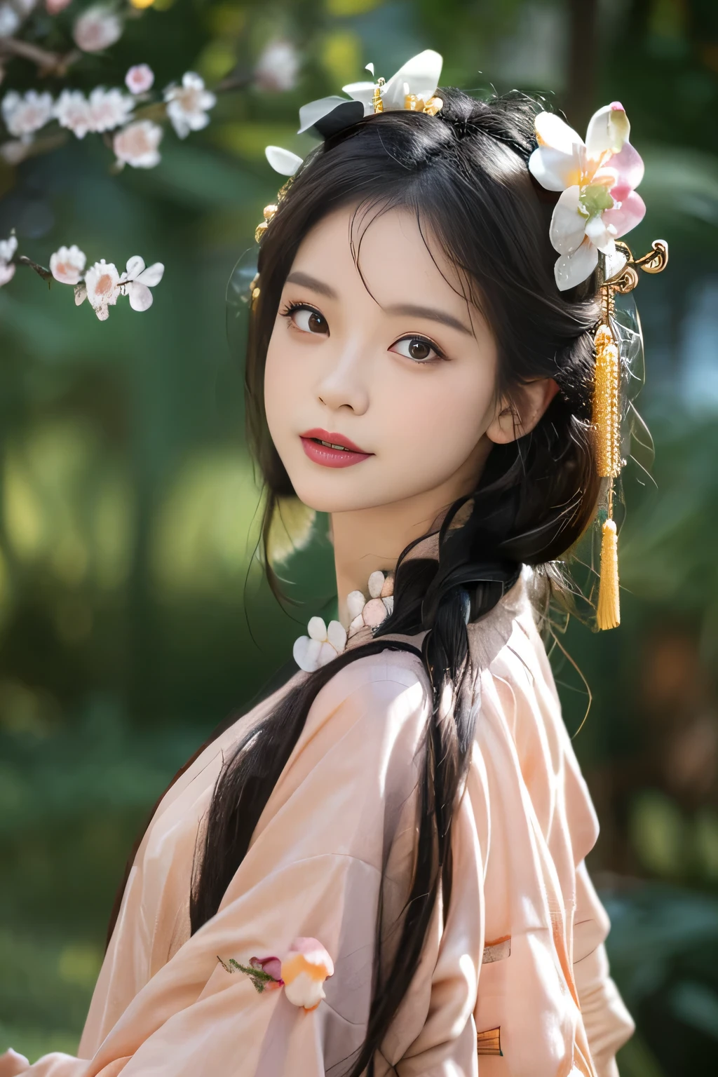Best quality at best,tmasterpiece,超A high resolution,(realistically:1.4),8K, RAW photogr, A high resolution, (((1 Sister))), 独奏, Ancient Chinese Hanfu, Satin texture,Beautiful pattern, embroidered clothing, beautiful eyes in detail, long eyelasher, RAW photogr, face to the viewer, Close-up Shot Shot, ((( Peach blossom background))), Upper part of the body, ssmile, skilled, hair adornments, bead, jewely