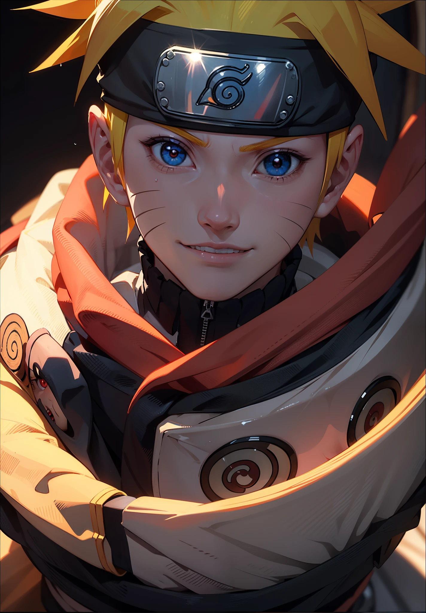 Uzumaki Naruto, 1boy, male focus, masterpiece, best quality, (portrait, close-up), looking at the viewer, shadow and light, blurred foreground, Konohagakure symbol, indoors, water drop, red eyes, black sclera, on the bed, cold bloodthirsty smile,