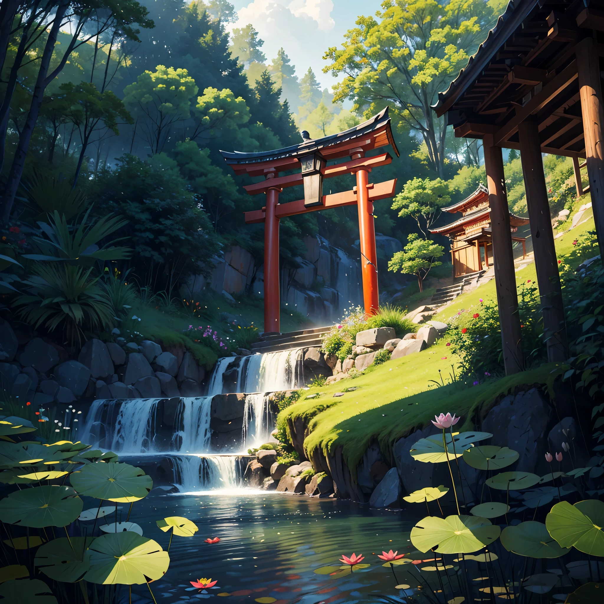 (best quality,masterpiece:1.2,8K),ultra-detailed,a realistic torii gate,shrine,lotus leaves:3,water lilies:3,(mist,cloudy),forest,swamp