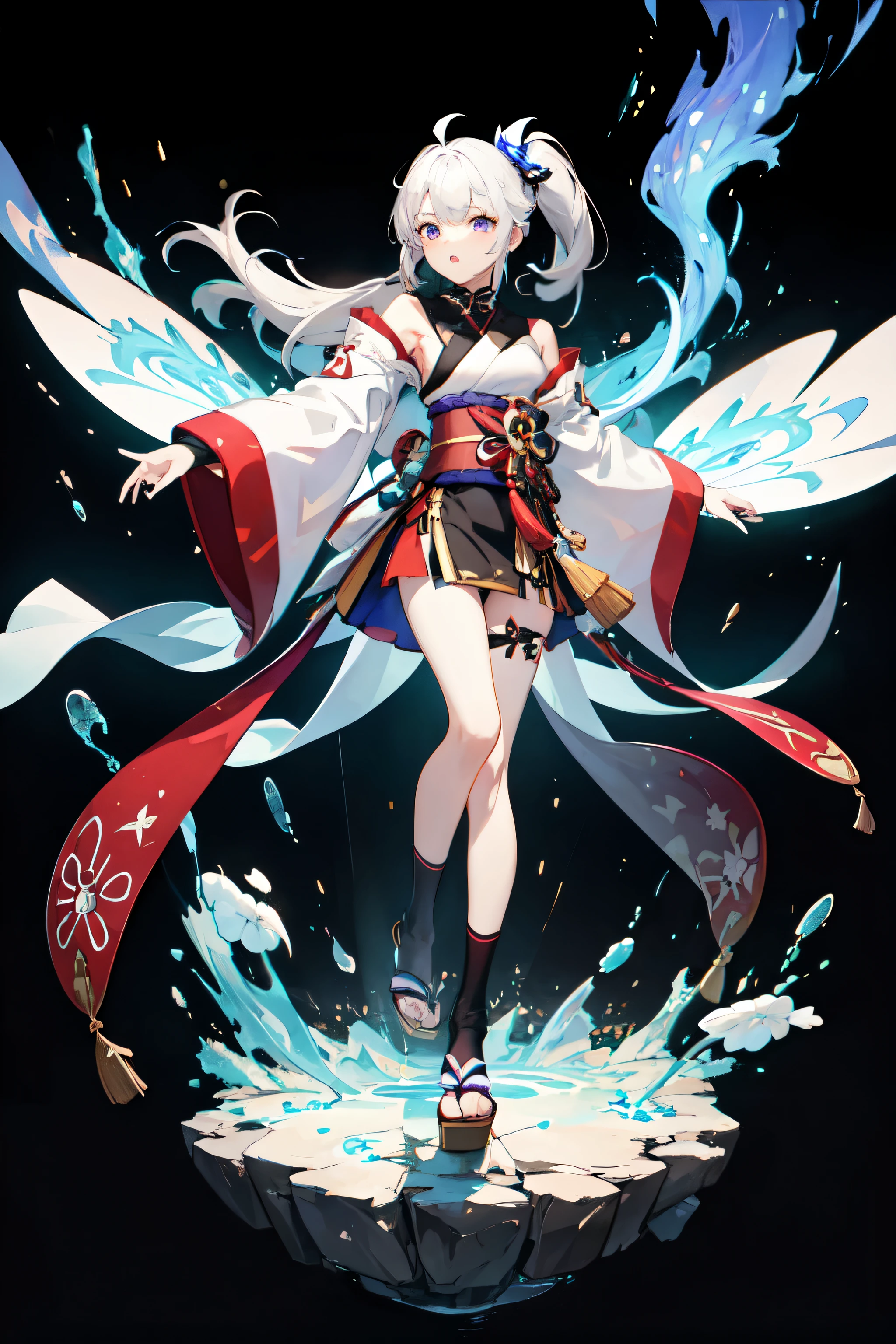 1 Sister, Japanese clothes, pony tails ,White hair, a purple eye, Magic Array, blue flame, blue flame, Wallpapers, The landscape, bloods, bloods splatter, depth of fields, natta, Light particles, llight rays, Side seams, upper legs, destiny \(series\), genshin impact, Open jacket, a skirt, Raised your legs, ​​Yun Huitou