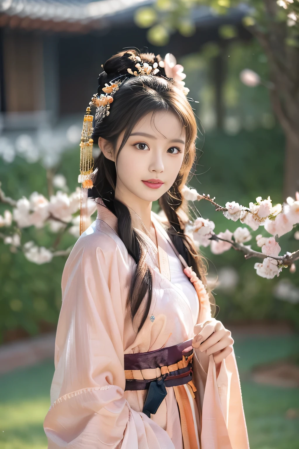 Best quality,tmasterpiece,超A high resolution,(realistically:1.4),8K, RAW photos, A high resolution, (((1 Sister))), 独奏, Ancient Chinese Hanfu, Satin texture,Beautiful pattern, embroidered clothing, beautiful eyes in detail, long eyelasher, RAW photos, face to the viewer, Close-up shot, ((( Peach blossom background))), Upper part of the body, ssmile, Skillful, hair adornments, bead, jewely
