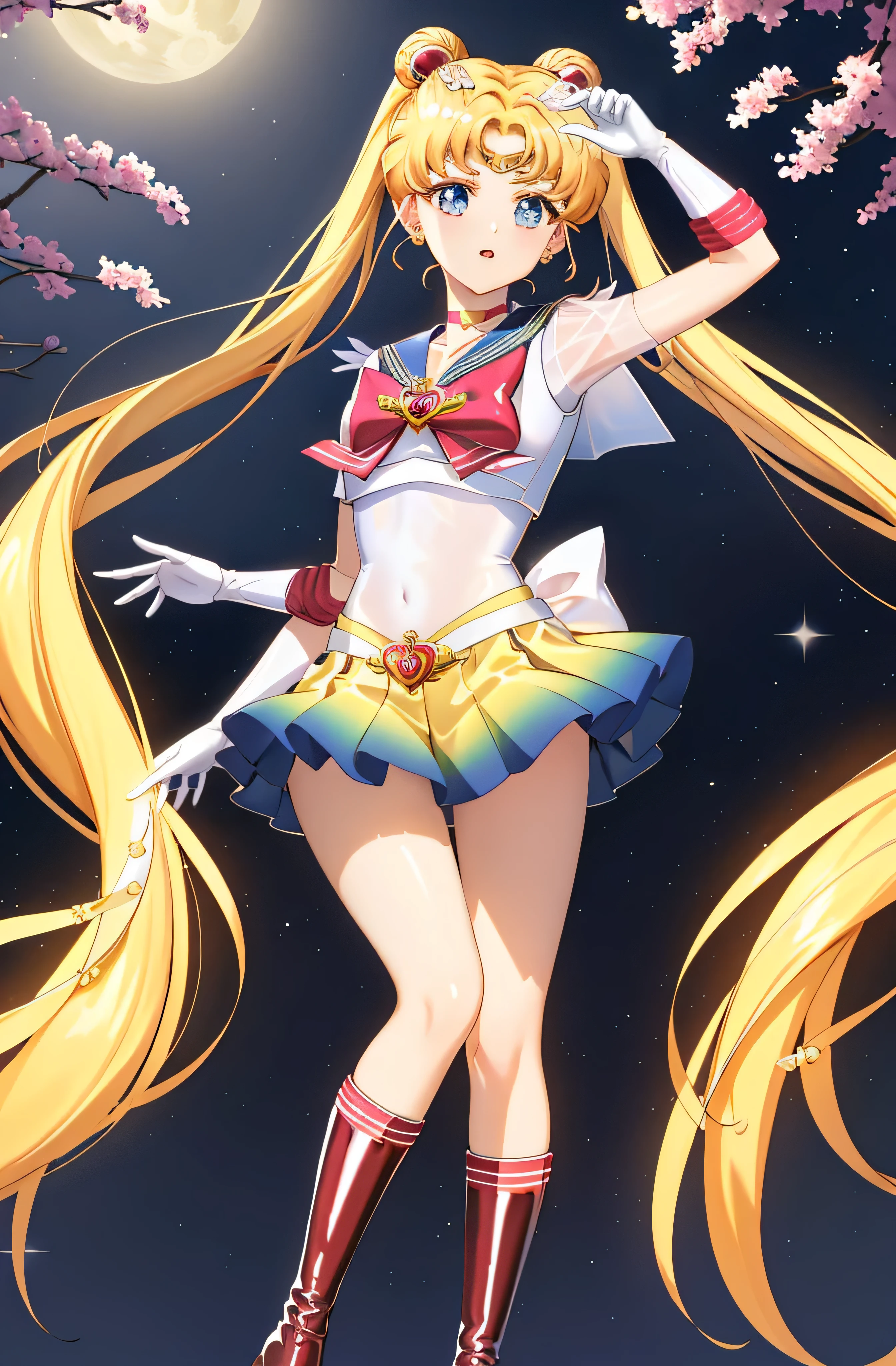 masterpiece, best quality, (1girl), (latex sailor uniform:1.4), (latex skirt:1.4), (latex socks:1.4), (latex gloves:1.4), supersailormoon, detailed face, happy,  face focus, cowboy shot, nigh sky, moonlight, moon, sakura trees, city at night,  white gloves, detailed eyes, detailed face,  galaxy background, detailed background, multicolored clothes, sailor senshi uniform, multicolored skirt, hair ornament, red bow, brooch, heart brooch, earrings, crescent, heart choker, heart, miniskirt, very long hair, back bow, crescent earrings, tiara, yellow choker, boots, knee boots, red footwear