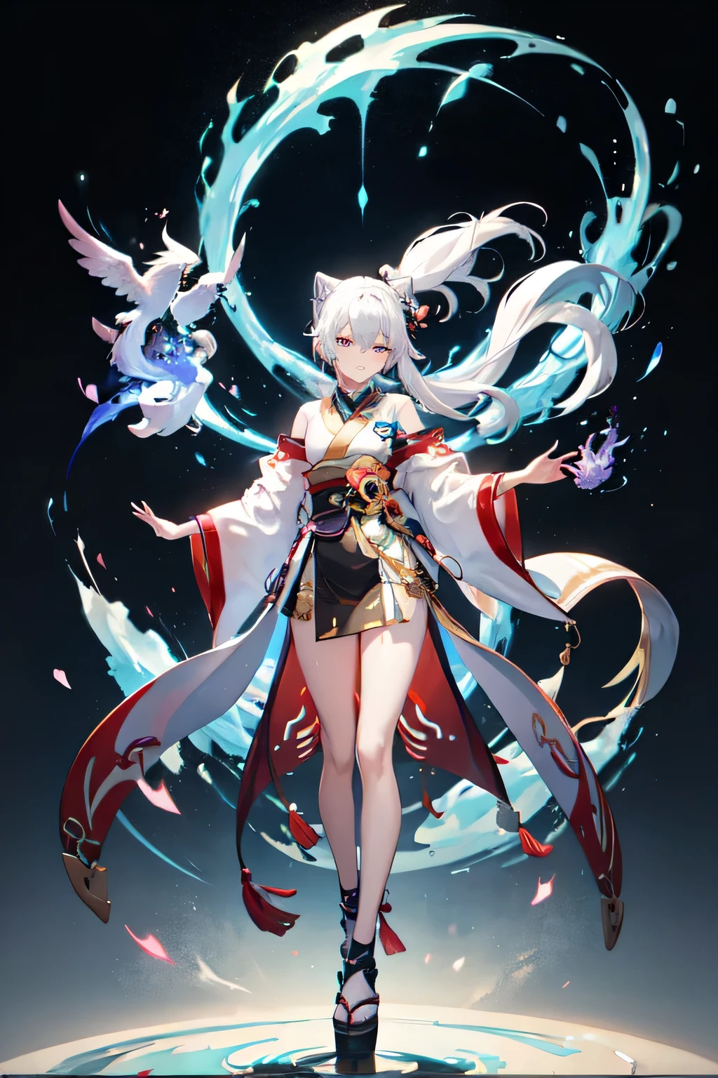 1 Sister, Japanese clothes, pony tails ,White hair, a purple eye, Magic Array, blue flame, blue flame, Wallpapers, The landscape, bloods, bloods splatter, depth of fields, natta, Light particles, llight rays, Side seams, upper legs, destiny \(series\), genshin impact, Open jacket, a skirt, Raised your legs, The Myth of Yunxingyue