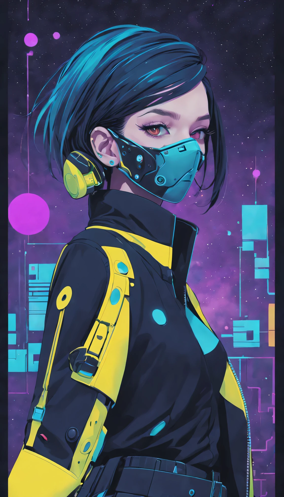 Movie poster style:Starry sky and zodiac signs, Purple hues like nebulae, Vast space, cyber punk personage底部的城市, illuminations, (1 Lady:1), ( Background with:black and yellow Background with1.4), (RHAD:1.2), (artistic décor:1.4), (Retro-Future:1.4), (maximalist:1.4), (Clean:1.4), (Flat_colours:1.4), (cyber punk personage,Android:1.4), CCDDA art style