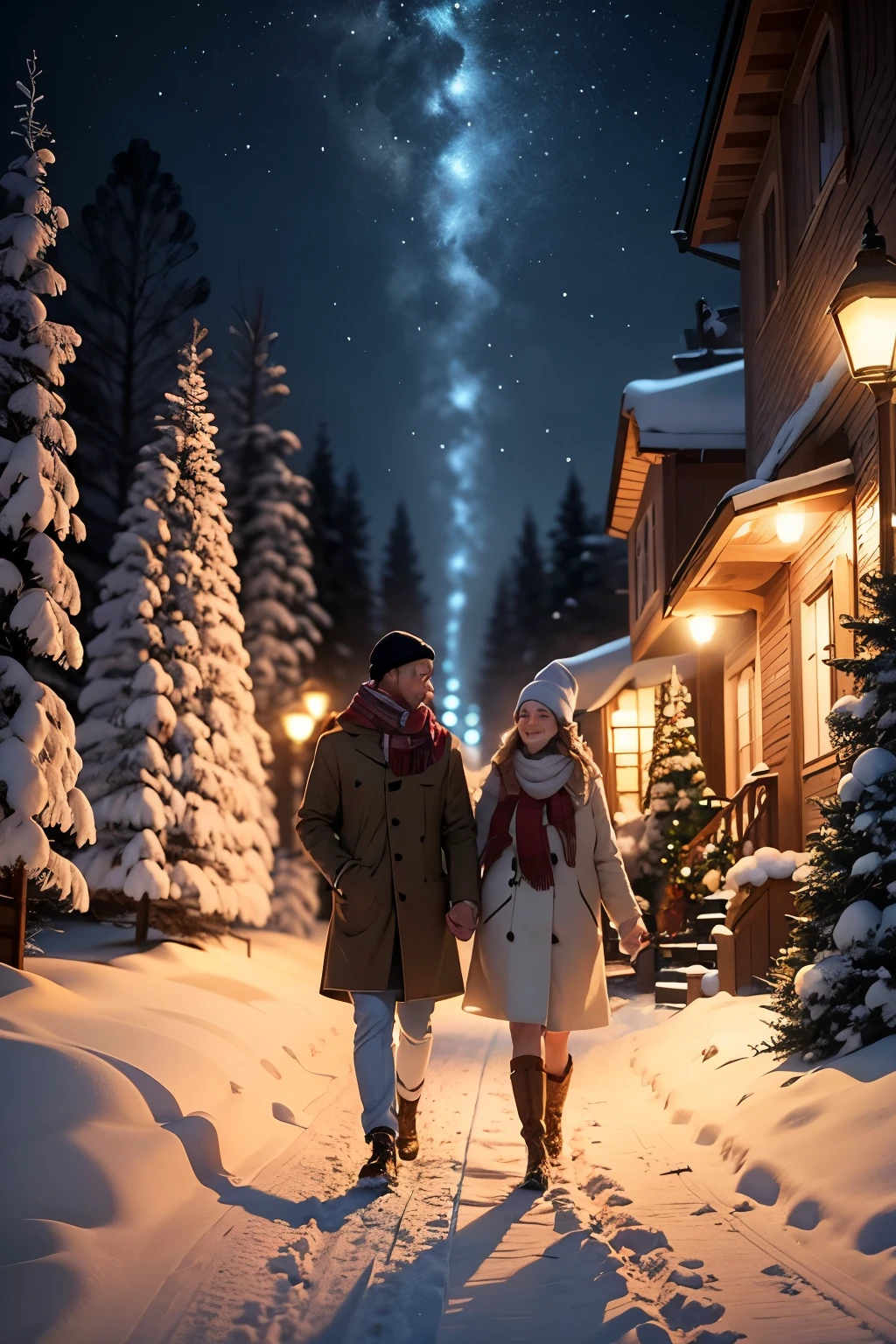 A blissful couple strolls hand in hand through a winter wonderland, the world around them blanketed in a pristine layer of snow. Twinkling Christmas lights adorn nearby trees, casting a warm and festive glow. The air is crisp with the scent of pine, and their breath creates tiny clouds in the chilly atmosphere. Bundled up in cozy scarves and hats, they share smiles that mirror the joyous spirit of the season, leaving behind a trail of footprints as they create memories in the enchanting snowscape. I want it to look like a real picture