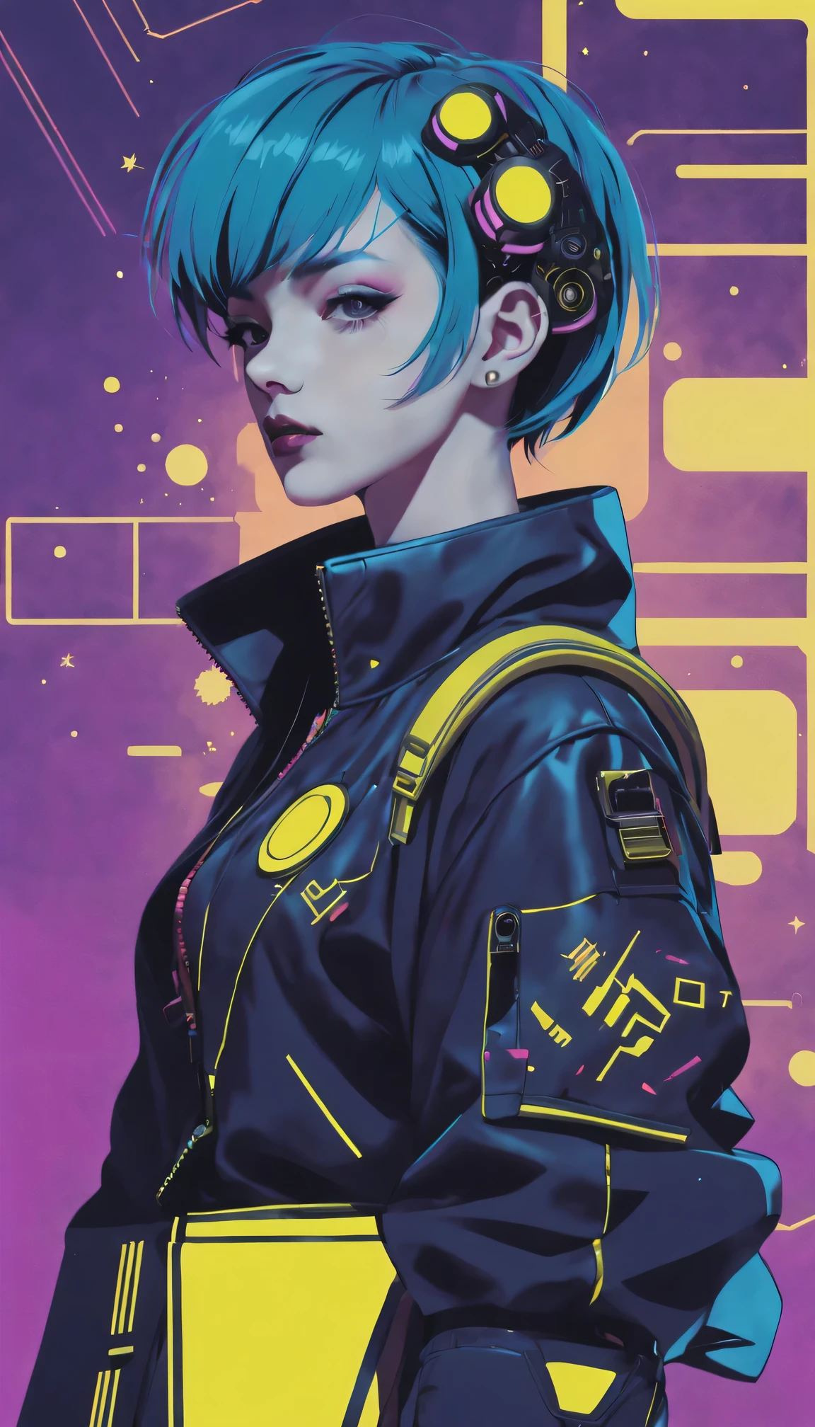 Movie poster style:Starry sky and zodiac signs, Purple hues like nebulae, Vast space, cyber punk personage底部的城市, illuminations, (1 Lady:1), ( Background with:black and yellow Background with1.4), (RHAD:1.2), (artistic décor:1.4), (Retro-Future:1.4), (maximalist:1.4), (Clean:1.4), (Flat_colours:1.4), (cyber punk personage,Android:1.4), CCDDA art style