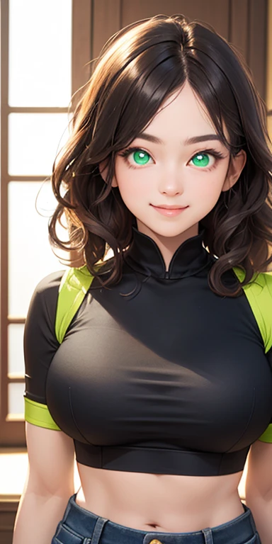 , short black hair,messy hair,wavy hair, (photorealistic:1.4), (masterpiece, sidelights, exquisite beautiful eyes: 1.5), masterpieceportrait, realistic, 3D face,kawaii face,front view: 1.5、 (glowing green eyes:1.2),plump face:1.5,(tareme:1.5)、grin,Rosy Mouth,Slim Body,abs, shiny hair, shiny skin: 1.5、large breasts:1.3,solo,(sit)、(cutout between underboob and crop top)、(charactor focus:1.5、portrait)、upper body,