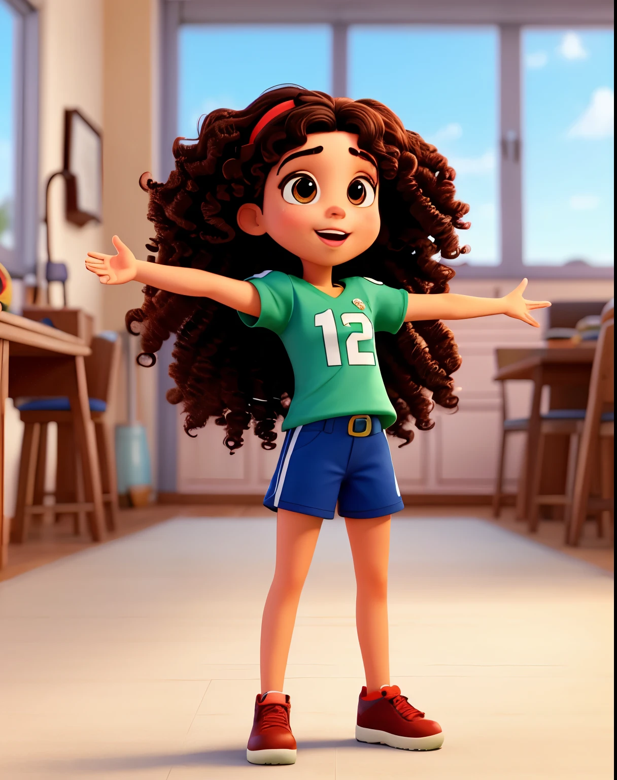 South American brunette girl with big curly hair with open arms and wearing high quality Disney Pixar style football outfit