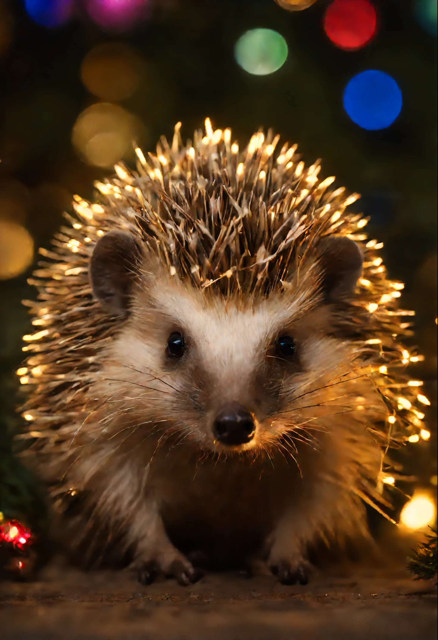 Glowing Hedgehog, New Year&#39;s hedgehog, close-up of a hedgehog, portrait of a hedgehog, garland, Fireflies,