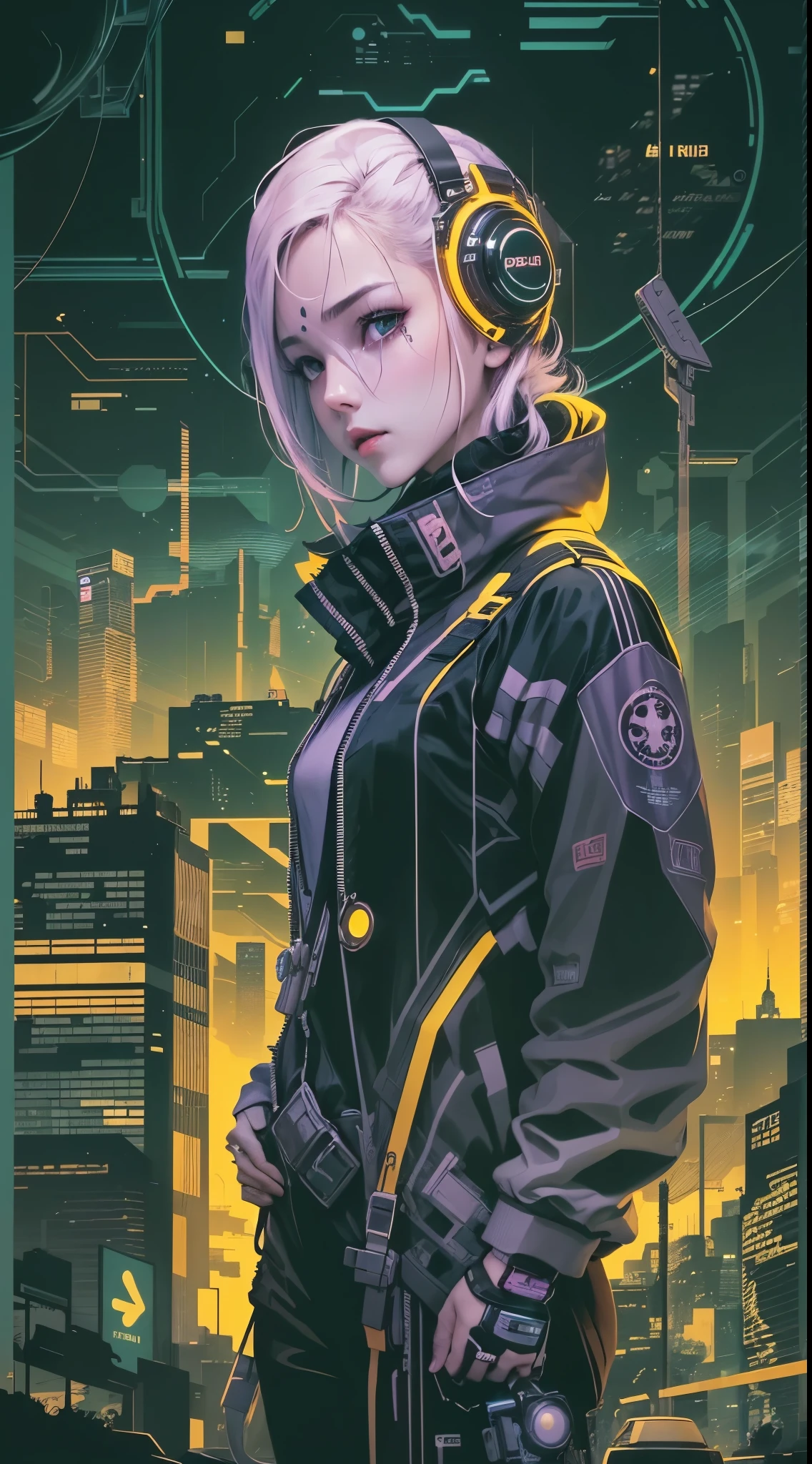Movie poster style:Starry sky and zodiac constellations, The purple hue is like a nebula, Vast space, cyber punk perssonage底部的城市, illustratio, (1 lady:1), ( Background with:black and yellow Background with1.4), (对称:1.2), (artistic décor:1.4), (Retro-Future:1.4), (Minimalist:1.4), (Clean:1.4), (Flat_colours:1.4), (cyber punk perssonage,Android:1.4), CCDDA art style