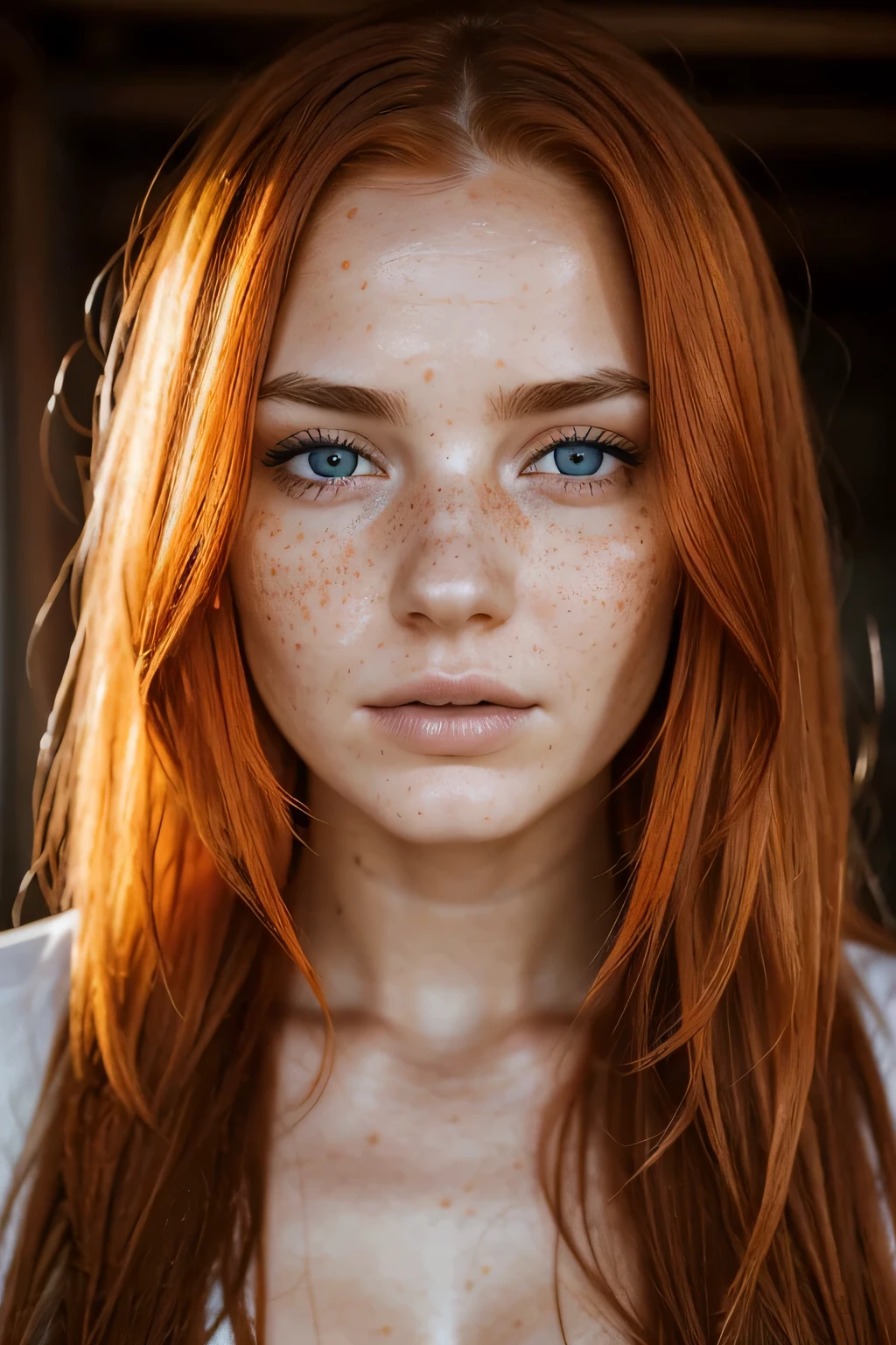 Captivating woman, 23 year of age with freckles and flowing orange hair. Symmetrical detailed eyes, detailed skin texture and pores, sad look, details of wet eyes. The fine details and the play of light and shadows create a sense of intimacy and intrigue