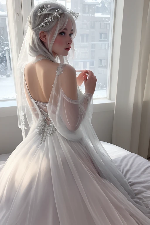 Snow Queen, see-through dress, confused, on bed