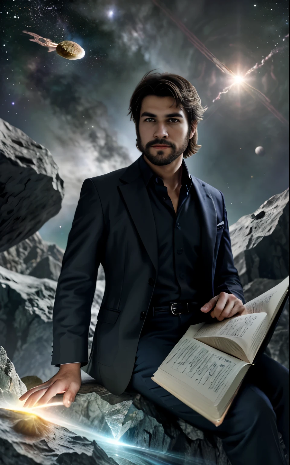 Draw a young programmer, sitting on a research platform floating in the middle of an asteroid belt. He is studying with a notebook, surrounded by several asteroids glowing with fiery auras. Dramatic lighting from distant stars and planets illuminates the scene, casting deep shadows on the suit. The young man looks confident and determined, looking at the vast and mysterious universe with wonder and respect,facial hair, cowboy shot,