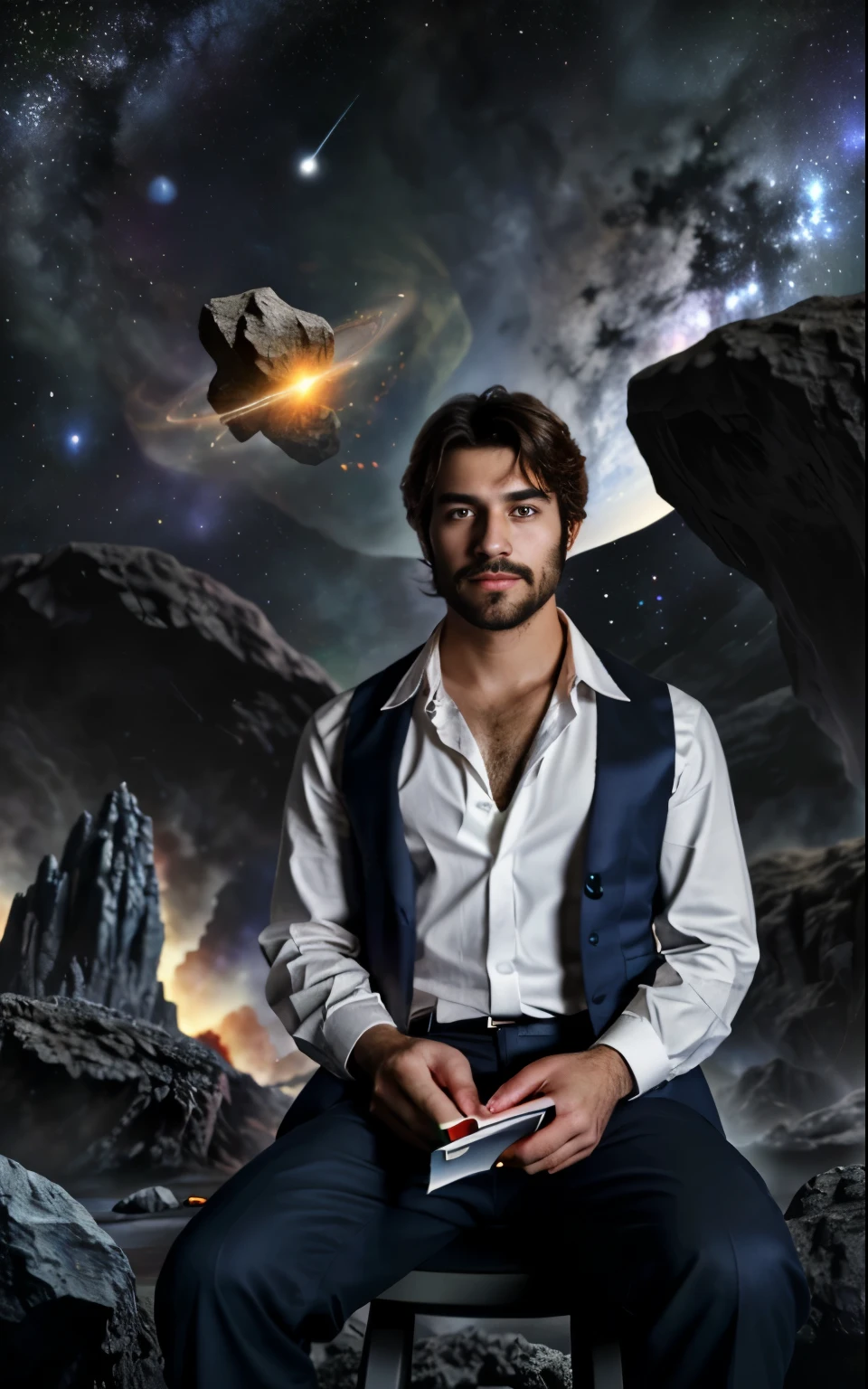 Draw a young programmer, sitting on a research platform floating in the middle of an asteroid belt. He is studying with a notebook, surrounded by several asteroids glowing with fiery auras. Dramatic lighting from distant stars and planets illuminates the scene, casting deep shadows on the suit. The young man looks confident and determined, looking at the vast and mysterious universe with wonder and respect,facial hair, cowboy shot,