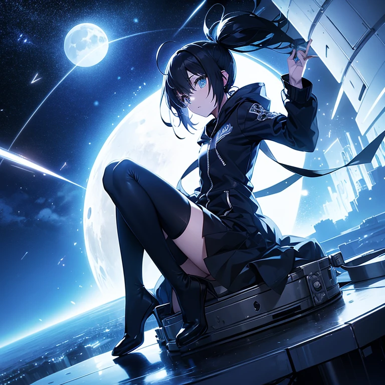 Mato Kuroi from black rock shooter on a space ship, futuristic, moon