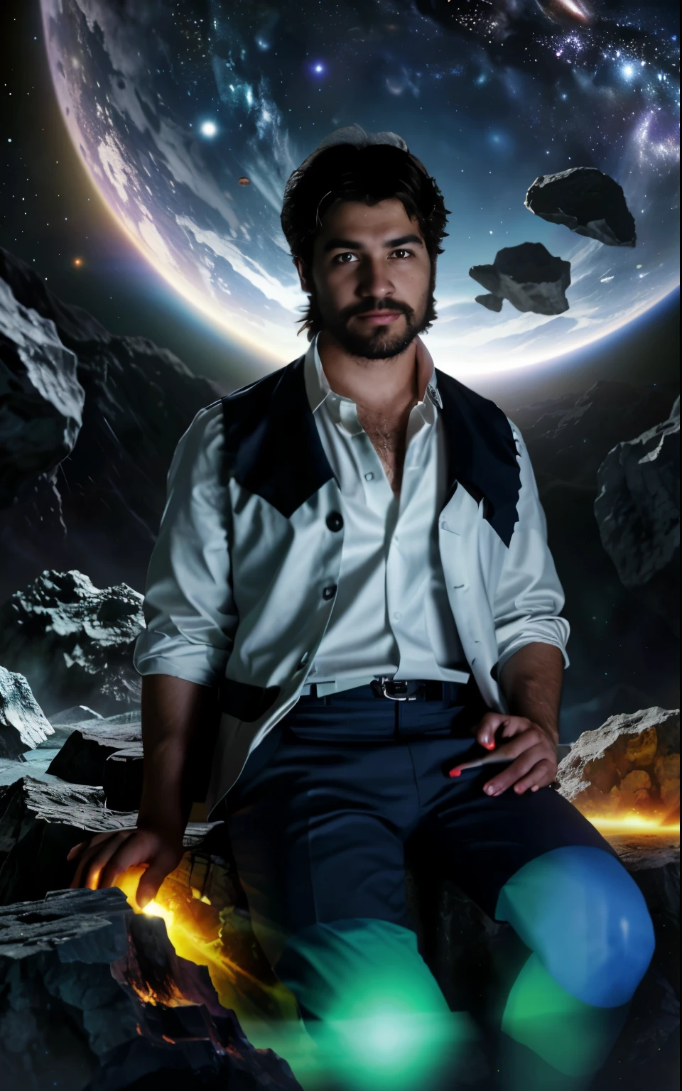 Draw a young programmer, sitting on a research platform floating in the middle of an asteroid belt. He is studying with a notebook, surrounded by several asteroids glowing with fiery auras. Dramatic lighting from distant stars and planets illuminates the scene, casting deep shadows on the suit. The young man looks confident and determined, looking at the vast and mysterious universe with wonder and respect,facial hair, cowboy shot,