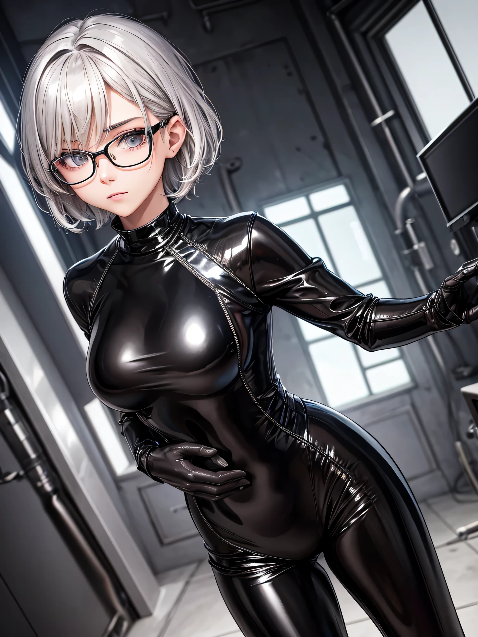 Top quality 8K UHD、Wearing glasses、Beautiful woman with short silver hair wearing a black metallic latex sweatsuit with her hands tied behind her back.、black metallic latex sweatsuit with hidden skin