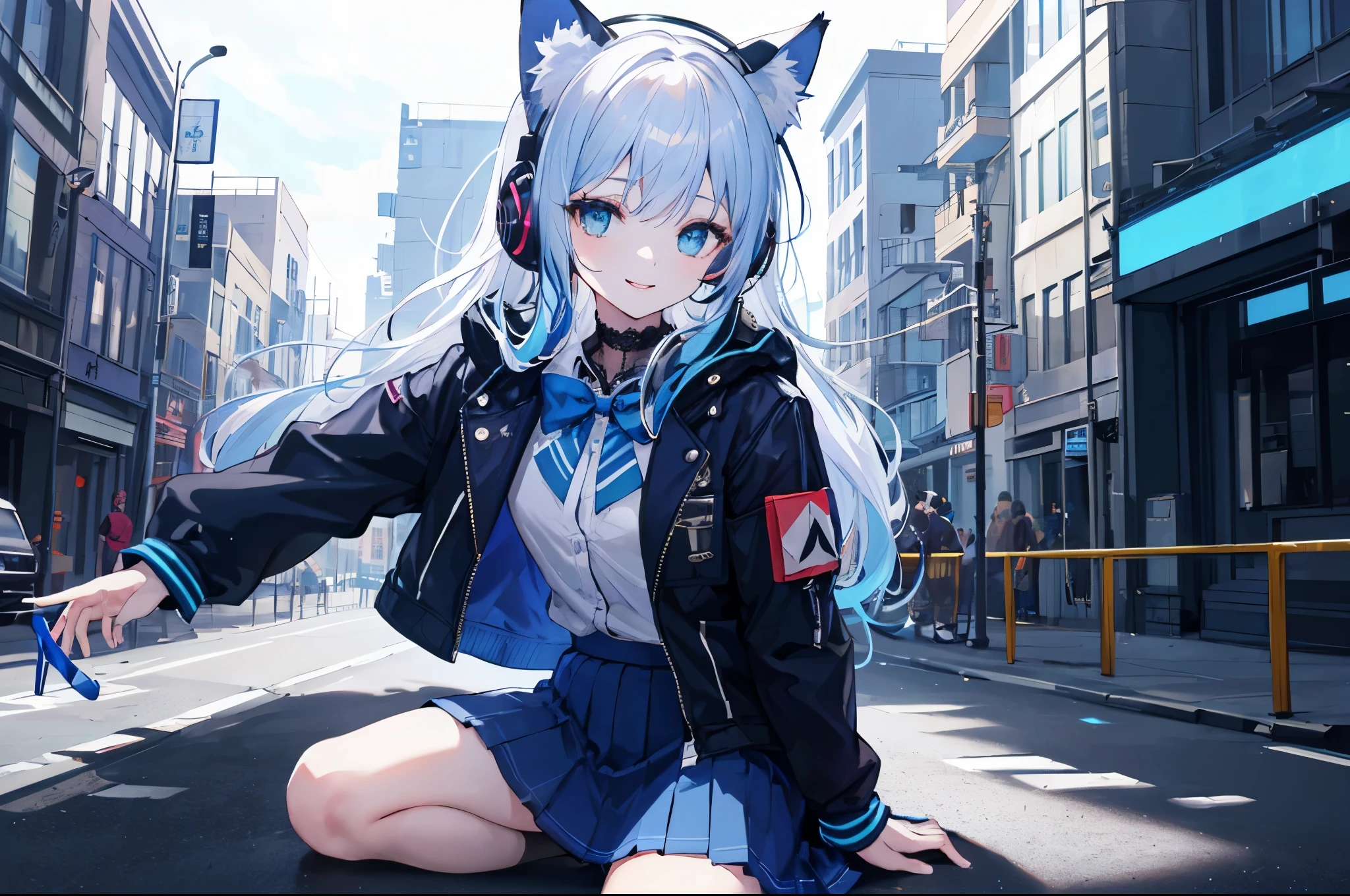 ((Best quality at best)), ((tmasterpiece)), (Detailed pubic hair), s the perfect face, solo person, girls, Trendy style, Futuristic halo on head, (sat on the ground), Face the lens, (opening leguturistic clothing, Mechanical, ((Dark blue skirt with bright blue lace)), ((Black jacket with blue stripes)), JK skirt, With cat ear headphones on the head, ssmile, The background is the city street