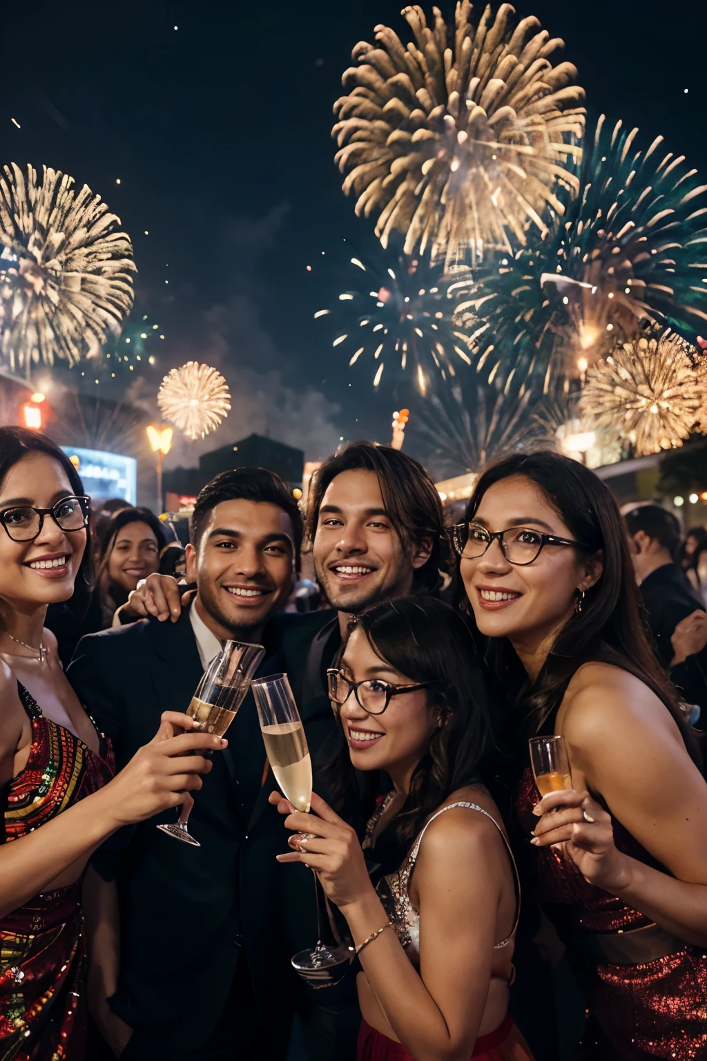 A lively New Year celebration scene, with a large clock indicating almost midnight. A cena se passa em uma paisagem urbana iluminada, with colorful fireworks lighting up the night sky. People of different ethnicities are partying in the streets, dressed in festive clothes and toasting with glasses of champagne. Em primeiro plano, um grupo diversificado de pessoas, including a woman of African descent and a man of Caucasian descent, are smiling and holding glasses of champagne. They're all looking at the sky, enchanted by the fireworks. The atmosphere is one of joy and hope for the new year.