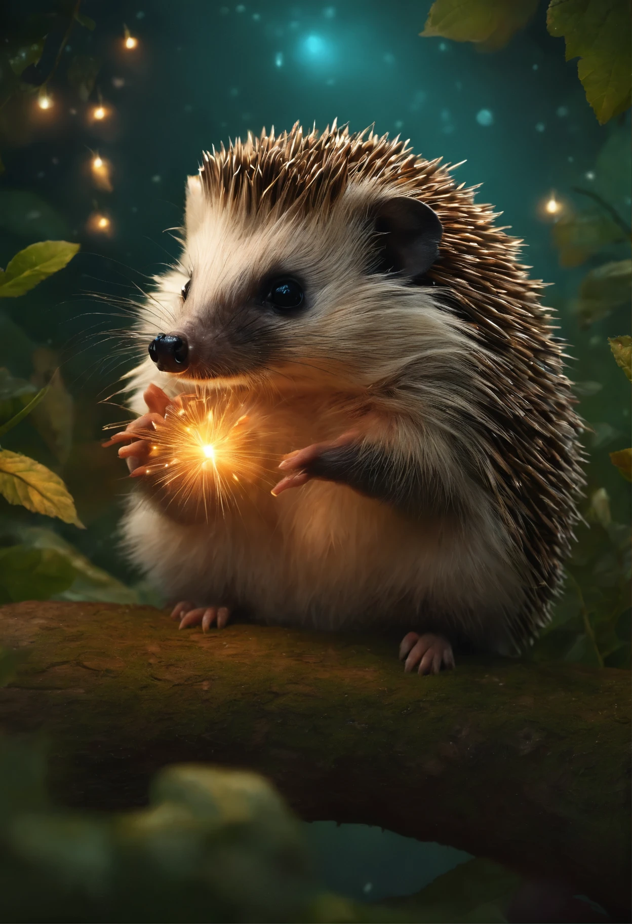 Hedgehog, garland, Fireflies,