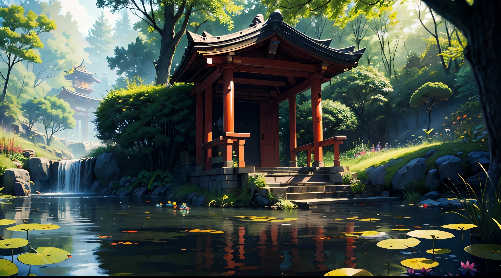 (best quality,masterpiece:1.2,8K),ultra-detailed,a realistic torii gate,shrine,lotus leaves:3,water lilies:3,(mist,cloudy),forest,swamp