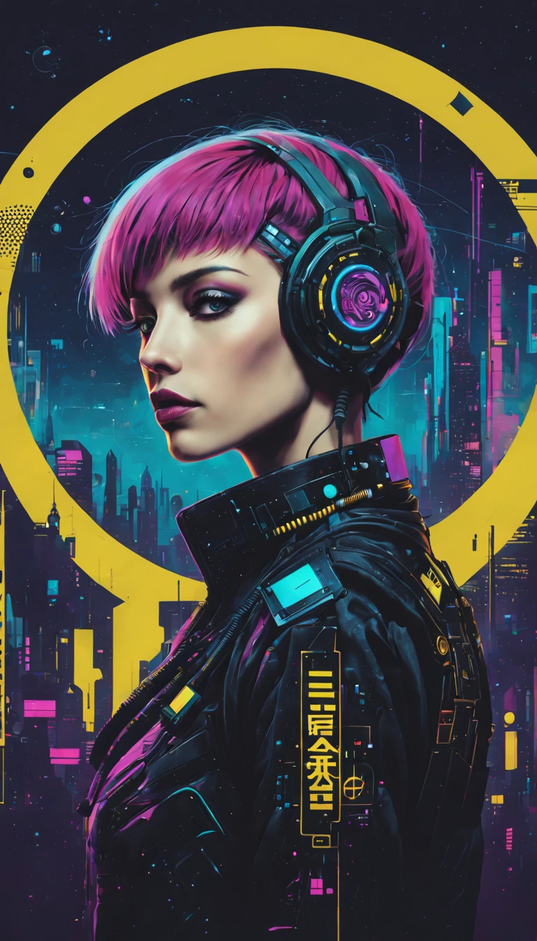 《bladerunner》filmposter：1 lady, Starry sky and zodiac constellations, The purple hue is like a nebula, Vast space, cyber punk perssonage底部的城市, ( Background with:black and yellow Background with1.4), (对称:1.2), (artistic décor:1.4), (Retro-Future:1.4), (Minimalist:1.4), (Clean:1.4), (Flat_colours:1.4), (cyber punk perssonage,Android:1.4), CCDDA art style