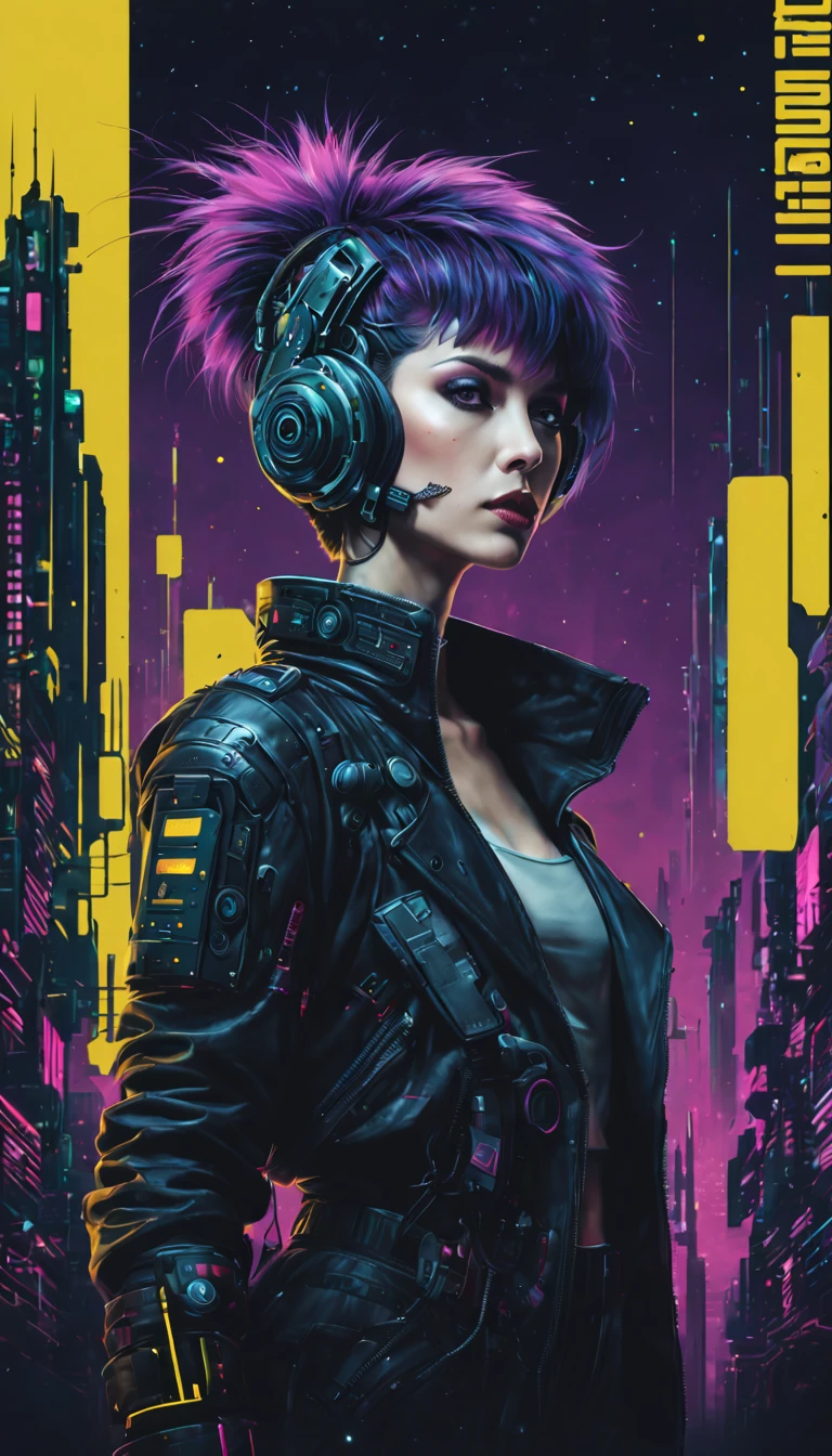 《bladerunner》filmposter：1 lady, Starry sky and zodiac constellations, The purple hue is like a nebula, Vast space, cyber punk perssonage底部的城市, ( Background with:black and yellow Background with1.4), (对称:1.2), (artistic décor:1.4), (Retro-Future:1.4), (Minimalist:1.4), (Clean:1.4), (Flat_colours:1.4), (cyber punk perssonage,Android:1.4), CCDDA art style