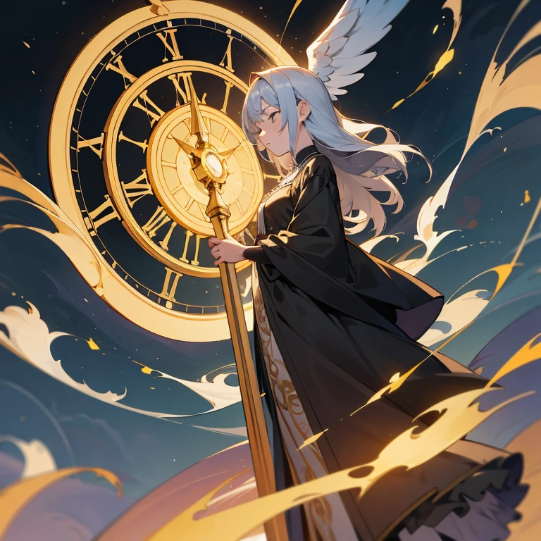 1 mulher, delicada, rosto palido, cor olhos prata, vestido longo escuro, desgastado, sereno, focado, frente a frente, action walk, fundo meio escuro, large dark yellow clock, magica, cristal, penetrado no peito, 4k, ultra detalhado, ambiente misterioso, angelic, goodness, walking, looks in the camera.