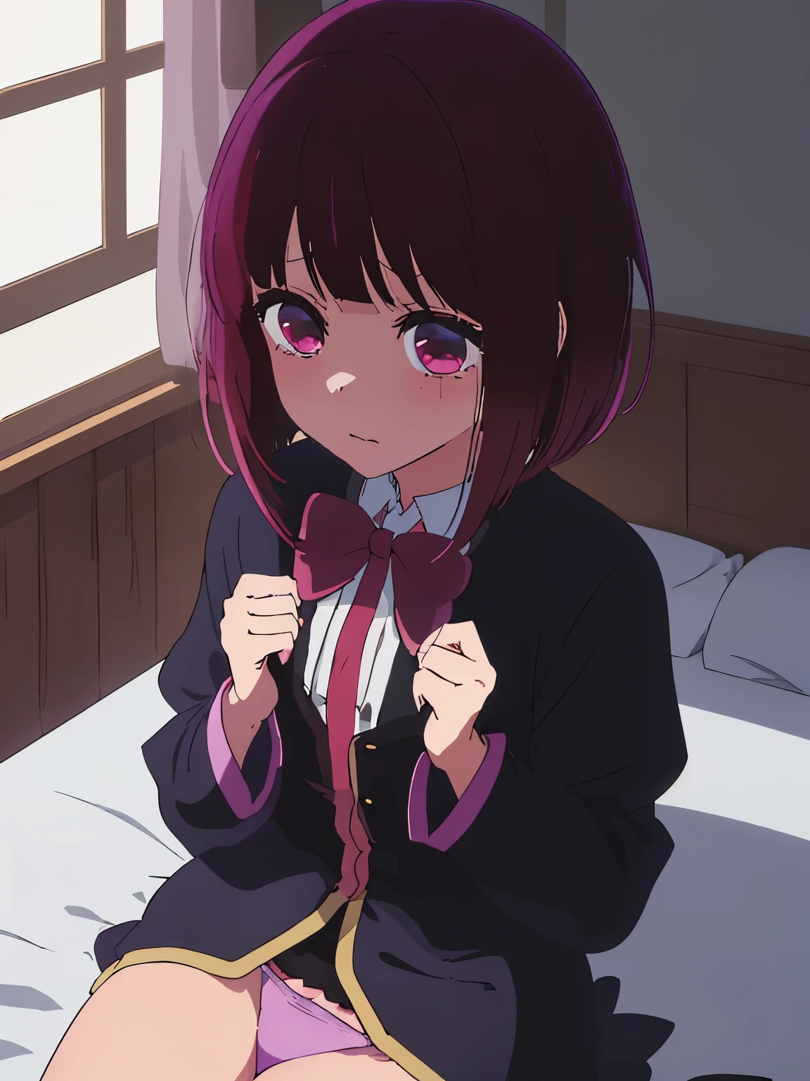 anime girl in a purple bra top sitting on a bed, an anime drawing by Jin Homura, pixiv, shin hanga, seductive anime girl, attractive anime girl, smooth anime cg art, anime best girl, cute anime girl, anime moe artstyle, anime visual of a cute girl, oppai, beautiful alluring anime , pretty anime girl, (Raw photography:1.2)、(Photorealsitic:1.4)、(masterpiece:1.3)、(top-quality:1.4)、超A high resolution、(A detailed eye)、(detailed facial features)、(detailed clothes features)、nffsw、8K分辨率、solofocus、bangss、skin tightening、(shinny skin)、(Slender girl)
(Extreme Detail)、dim room、Ruins、
Virtual Girl - Aim、Medium-breasted wavy hair、Shorthair、A dark-haired、Black eye、
1girl in,
Crystal Pendant、String Panty Brapua、
Tie with a rope、embarrassed from、cute little、I'm about to cry、hang、Adult Models、raise one leg high、hang、Smaller chest、big butts、