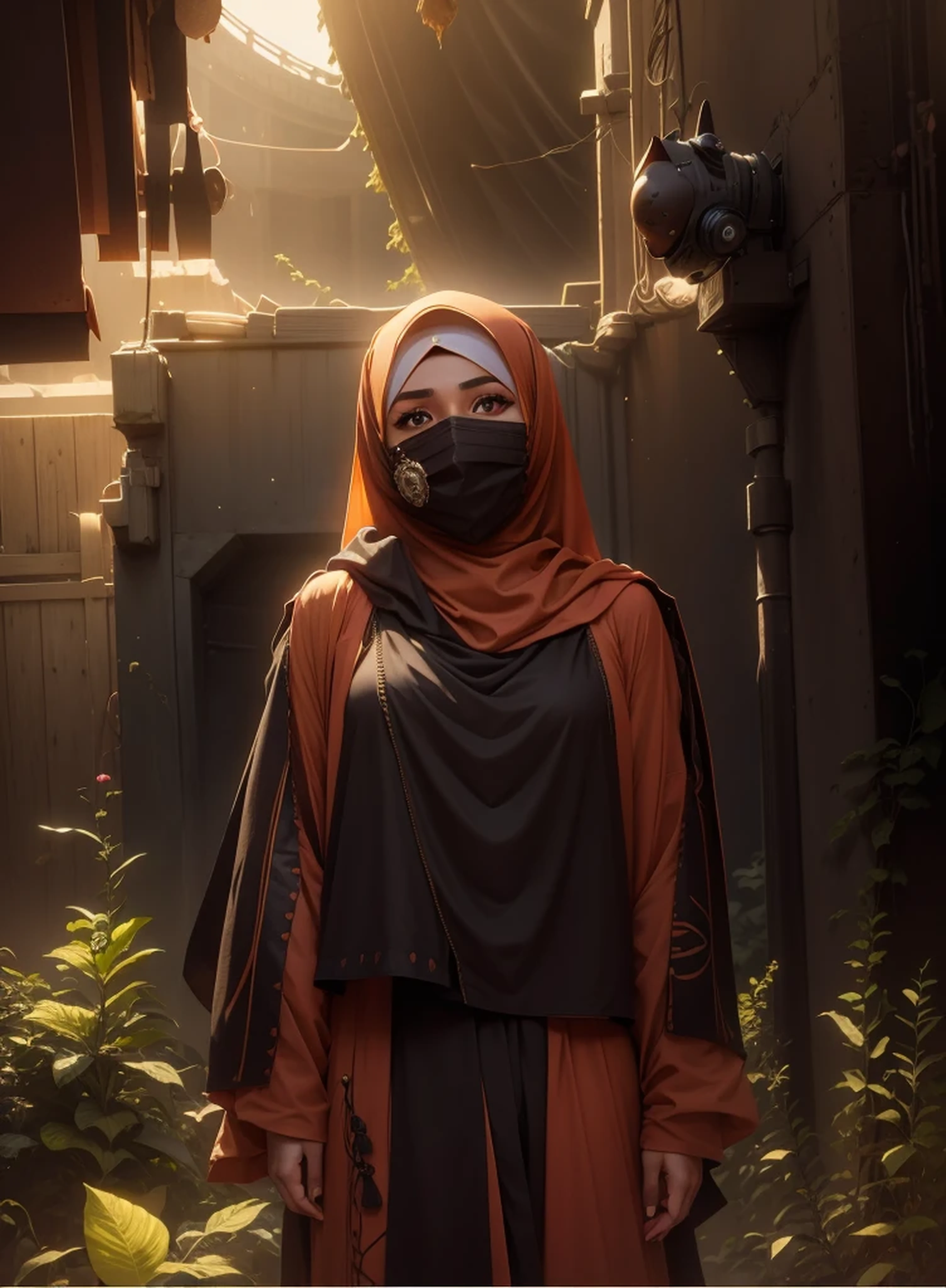 high-detailed face hijabi girl wearing borka and mask looking camera dark brown eyas