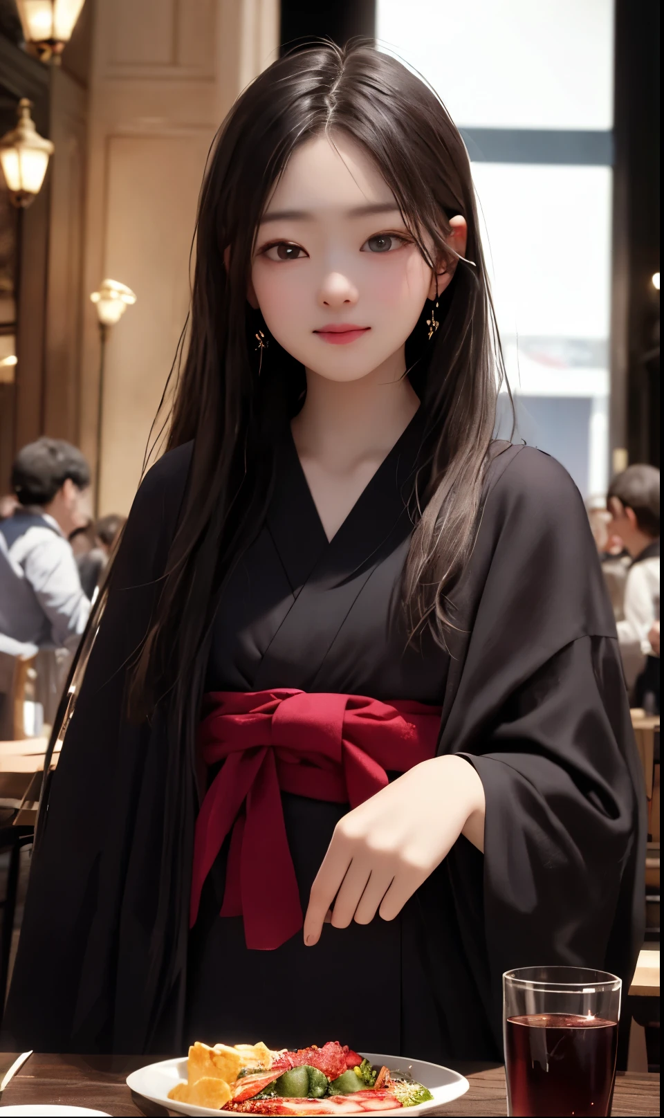(in 8K、Raw photography、top-quality、超A high resolution、Detailed hand、masterpiece:1.2)、Forehead visible、ren、Beautiful fece、One Person、fullllbody、cute little、A Japanese Lady、(Photorealsitic:1.37)、photon limited、tiny body、petable table、Palace of Versailles、lunch