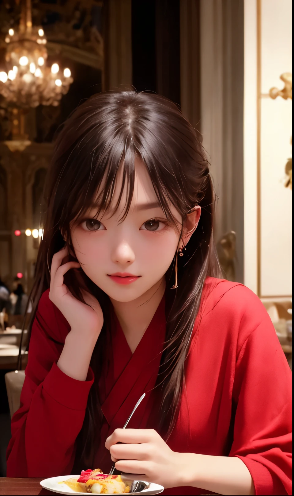 (in 8K、Raw photography、top-quality、超A high resolution、Detailed hand、masterpiece:1.2)、Forehead visible、ren、Beautiful fece、One Person、fullllbody、cute little、A Japanese Lady、(Photorealsitic:1.37)、photon limited、tiny body、petable table、Palace of Versailles、lunch