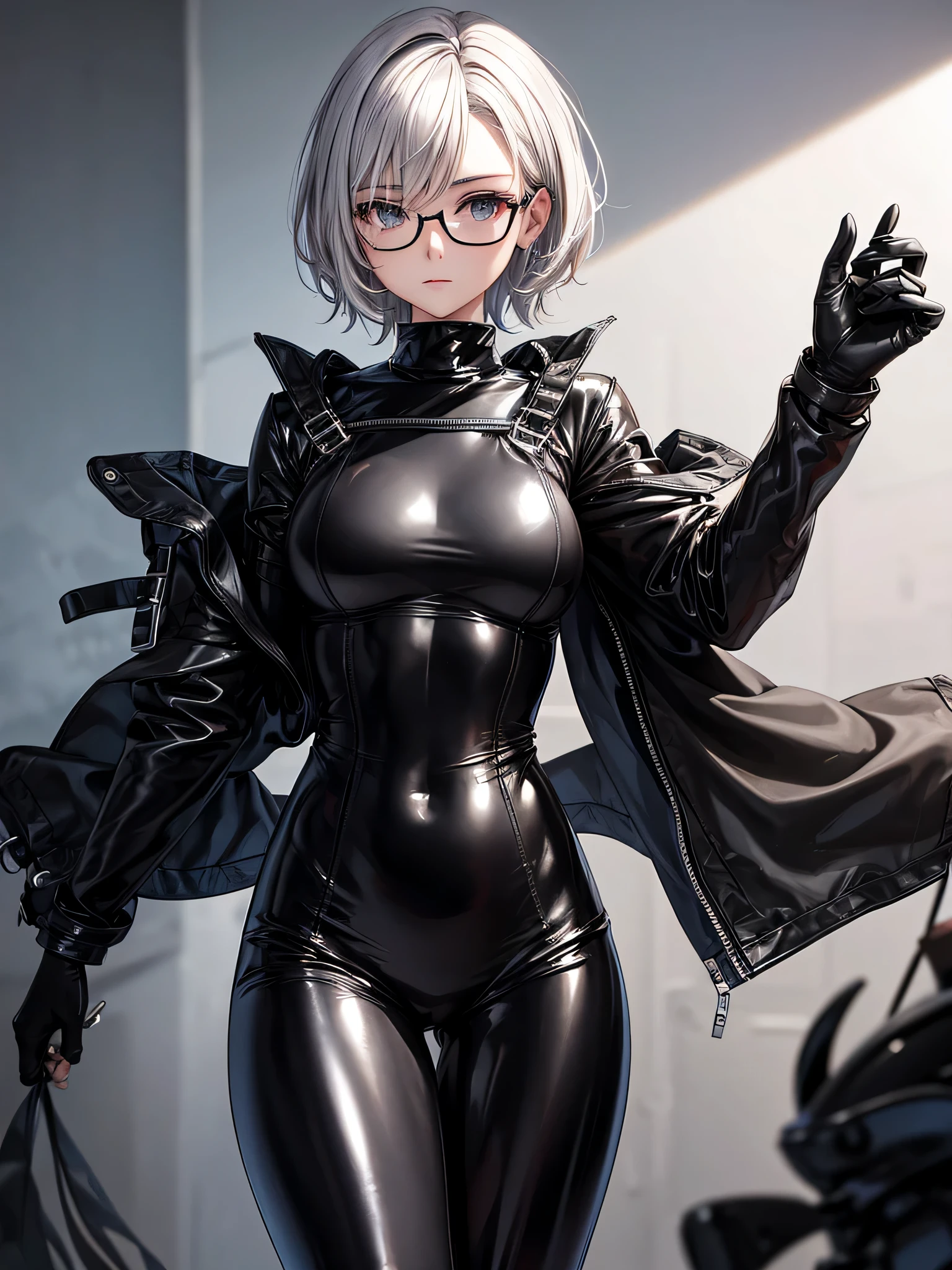 Top quality 8K UHD、Wearing glasses、Beautiful silver-haired woman with short hair wearing a black metallic latex sweatsuit and hiding her hands.、black metallic latex sweatsuit with hidden skin