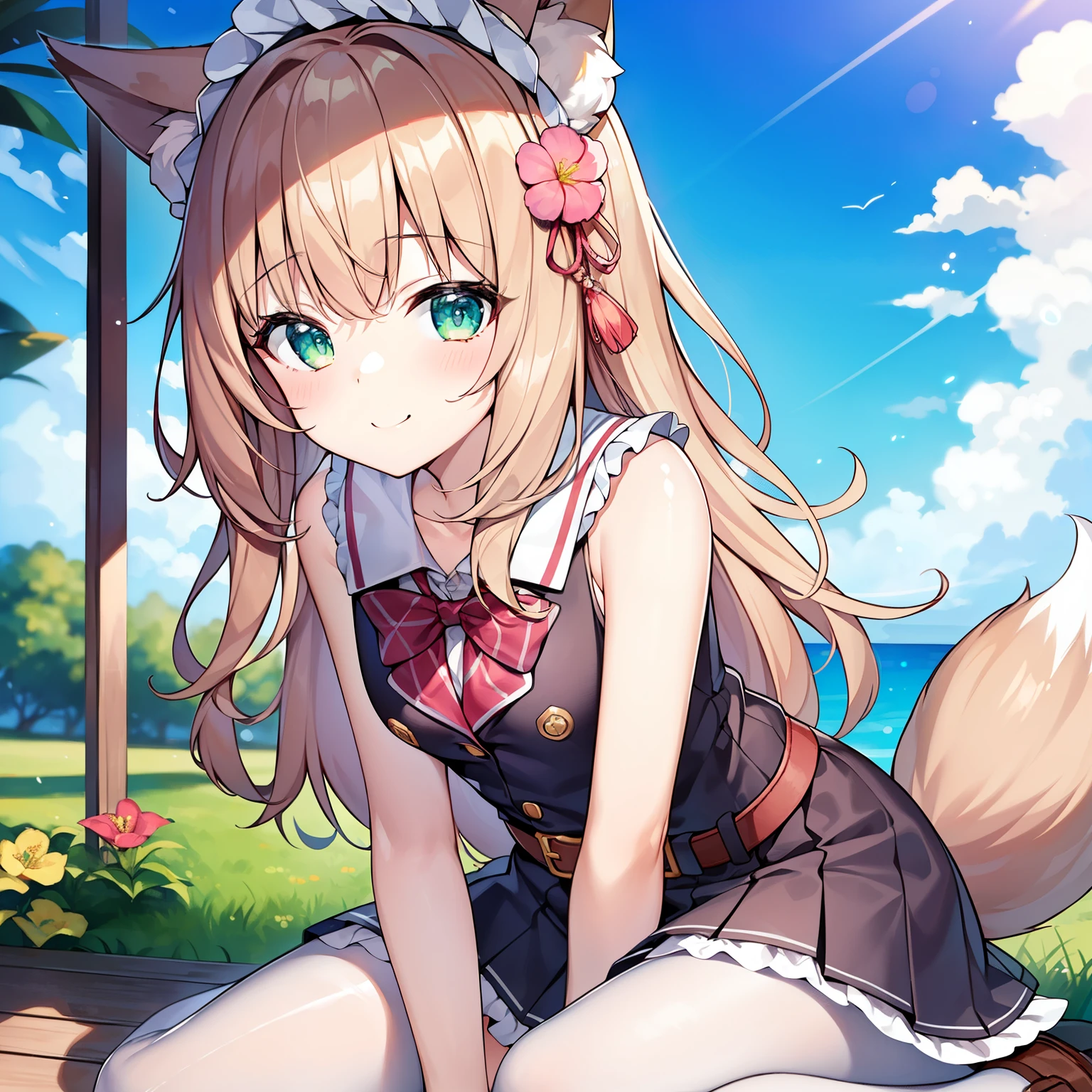(tmasterpiece, Best quality, A high resolution), 1 girl, Alone, immensity, Soft fox tail,A pair of fox ears,Green-eyed,(Brown hair long),Small flower headdress, (9 _Cute loli),摩洛解放阵线,After school,Sit on a park chair,(手拿着冰棒用色氣Raised sexy的方式不停舔),in school uniform,Wearing white pantyhose,upperbody closeup,weak afternoon light,Blush slightly,ssmile,There is water vapor around the mouth,Raised sexy,Sexual suggestiveness,